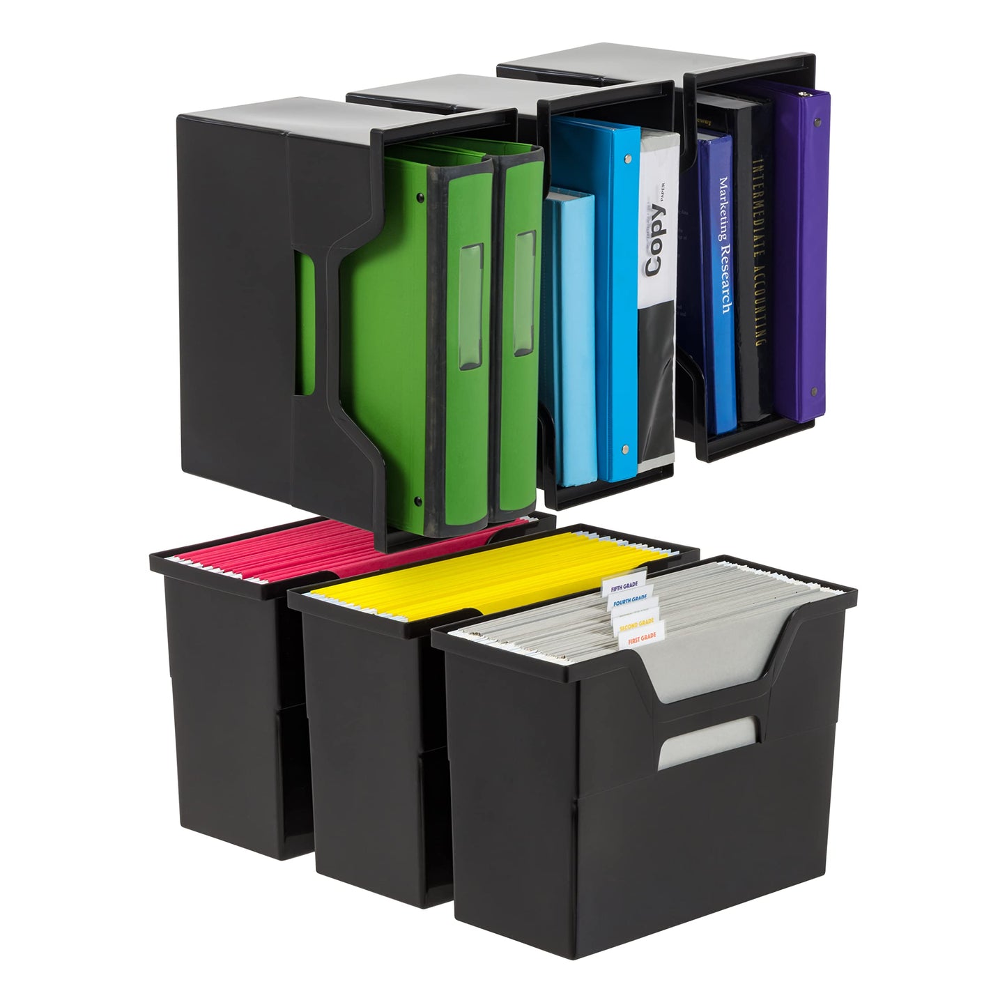 IRIS USA Medium Portable Desktop File Box with Open Lid, 6 Pack, Side Handles, Tabs & Inserts, Hanging File Folders, Letter-Size File Magazine Newspaper Mail Document Notebook, Black