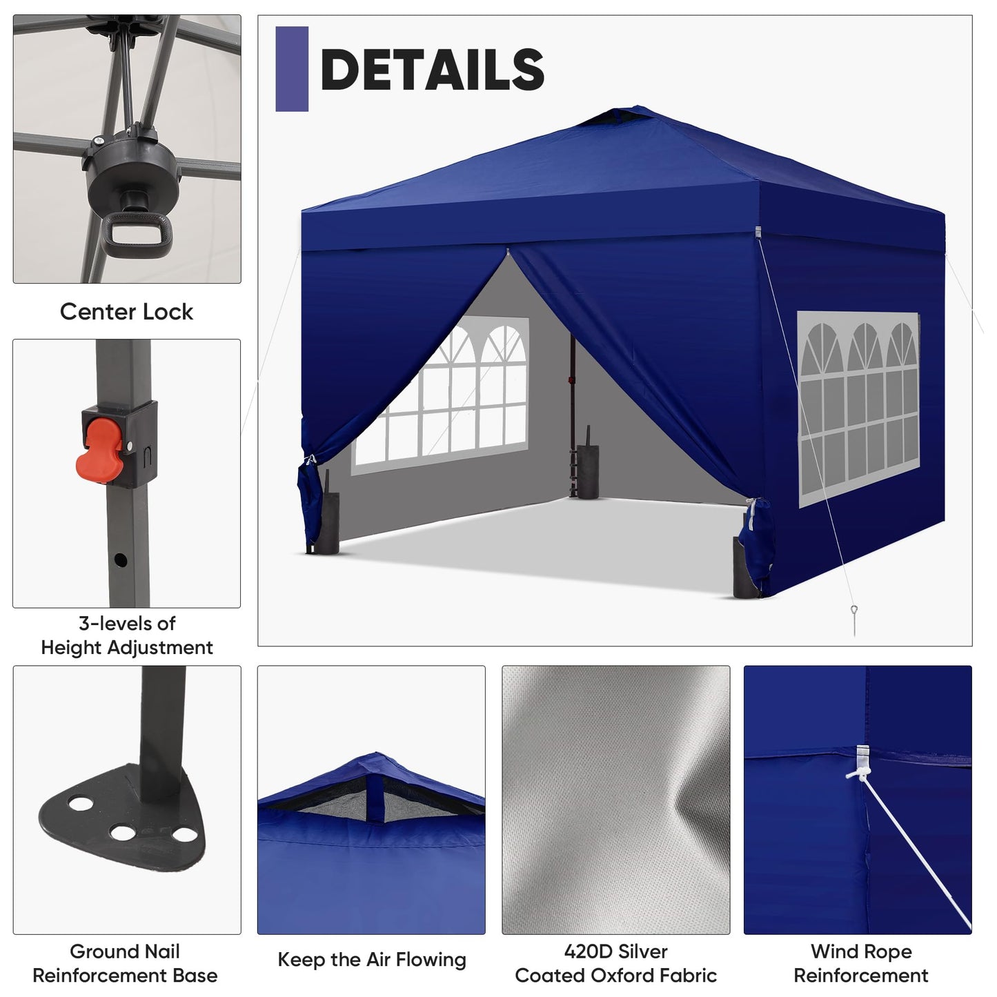 GDY 10x10 Pop Up Canopy Tent with 4 Sidewalls, Easy Set up with One Push Lift Outdoor Silver Coated Beach Gazebos, Carpas with 4 Sandbags, for Events, Parties,Camping, Navy Blue.