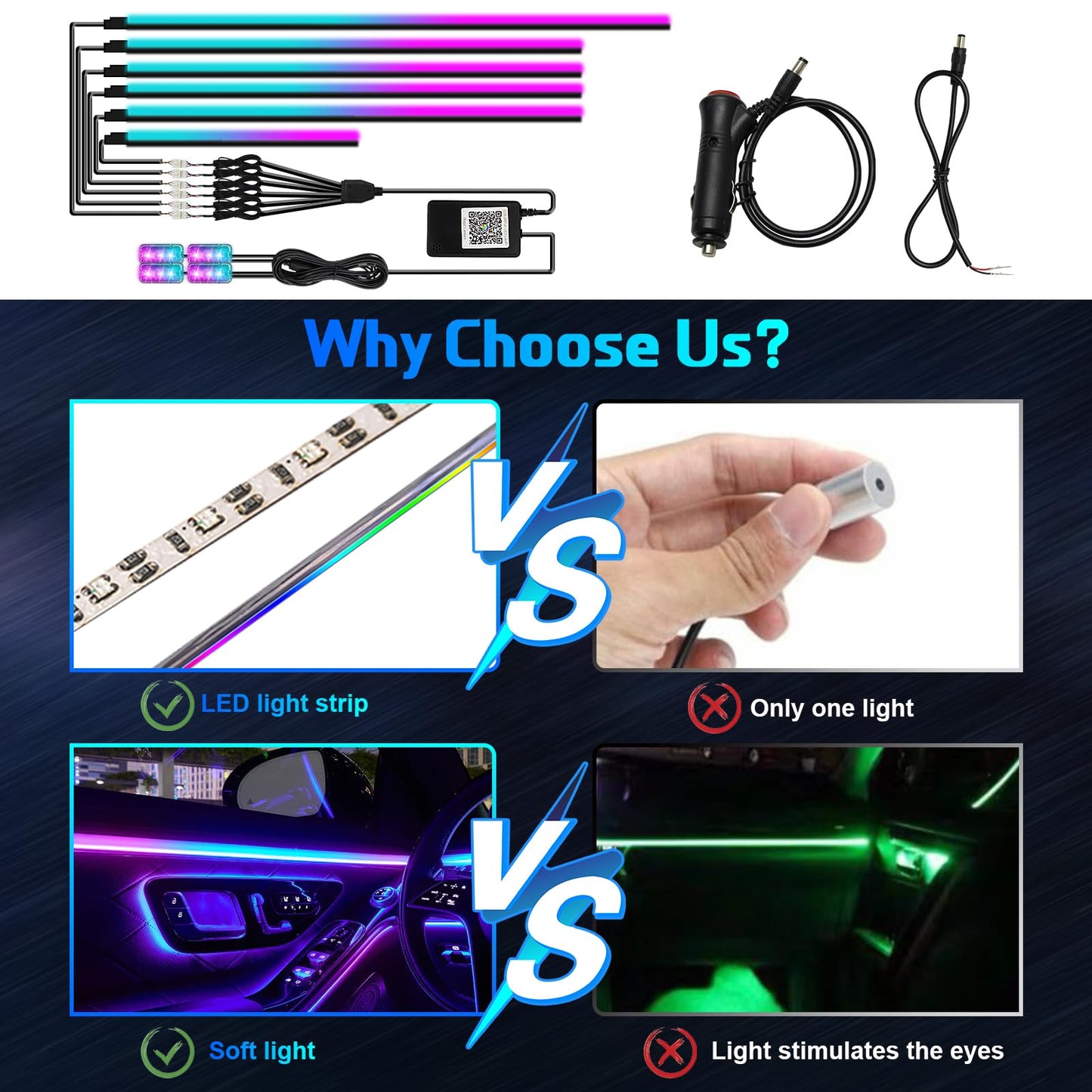 Dreamcolor Acrylic Interior Car Light 10 in 1 Automotive Ambient Light Kits with APP Control 16 Million Color 175 inches Fiber Optic Car LED Strip Light, RGB Music Sync Neon Light Kits