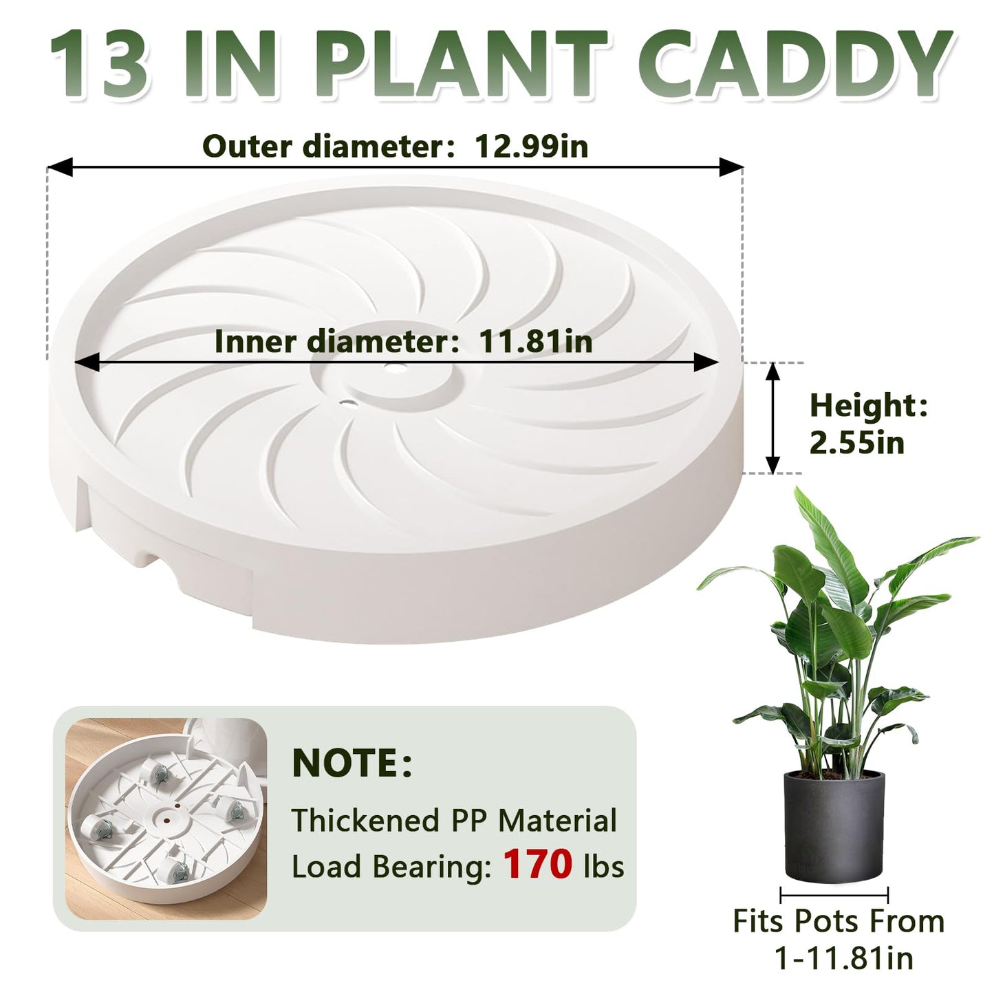 MCleanPin 2 Pack Plant Caddy with Hidden Wheels, 13" Heavy Duty Rolling Plant Stand with Removable Drainage Tray and Silent Casters Round Flower Pot Mover Planter Dolly for Indoor Outdoor White