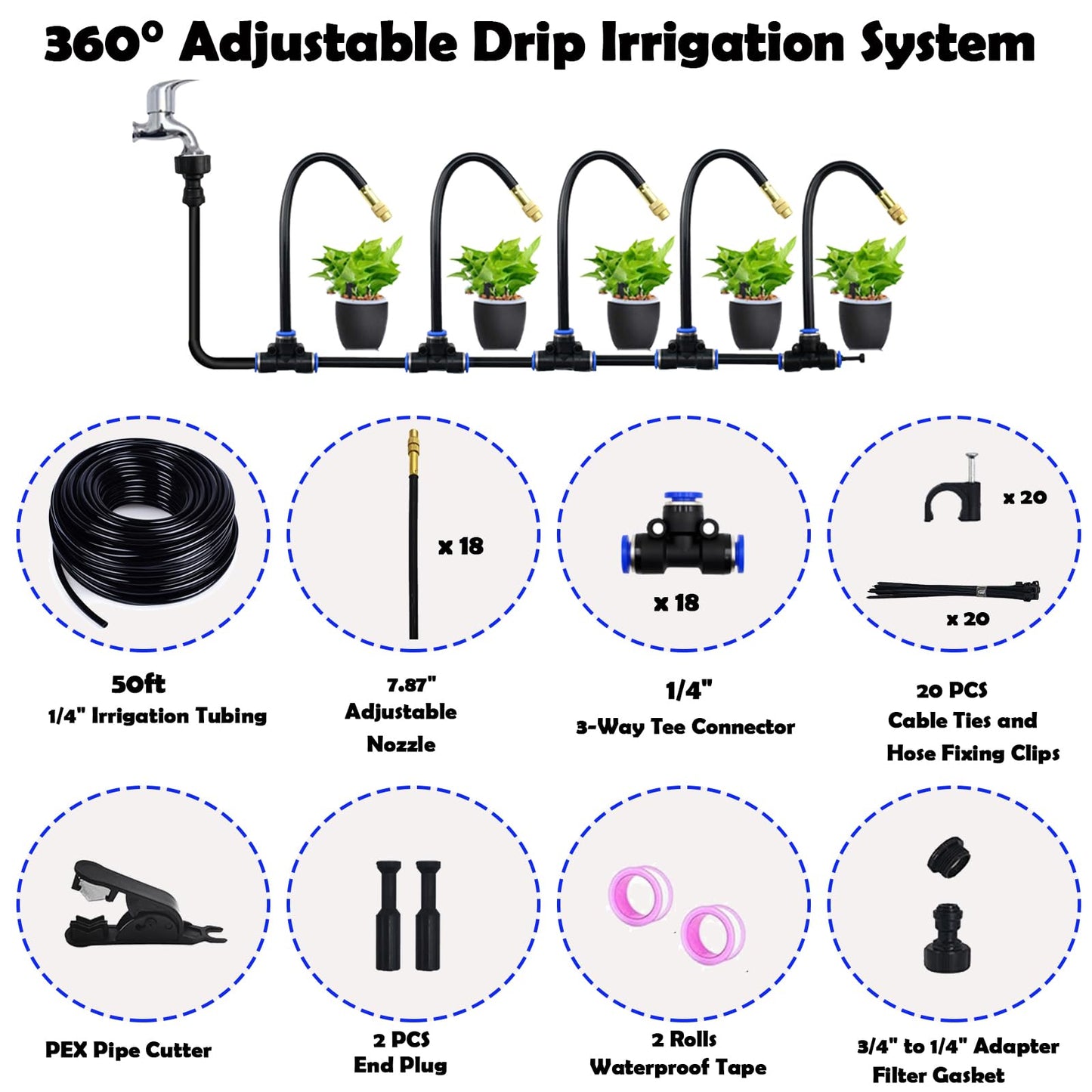 DOLANSTO 50ft Drip Irrigation System with 18pcs 360° Adjustable Misting Sprinkler Kit, Garden Watering System for Raised Bed, Greenhouse, Patio, Yard - DIY Plant Mist Sprayer Kit
