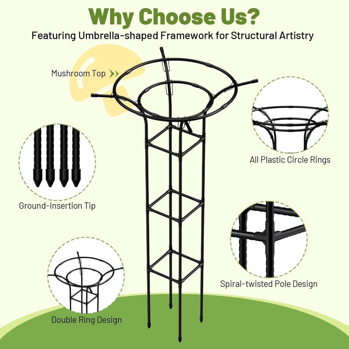 Garden Trellis for Climbing Plants Outdoor, 65 Inch Mushroom Top Trellis for Climbing Plants, Plant Trellis Support for Potted Plants Climbing Vine Rose Clematis Vegetable Trellis, 1 Pack (1)