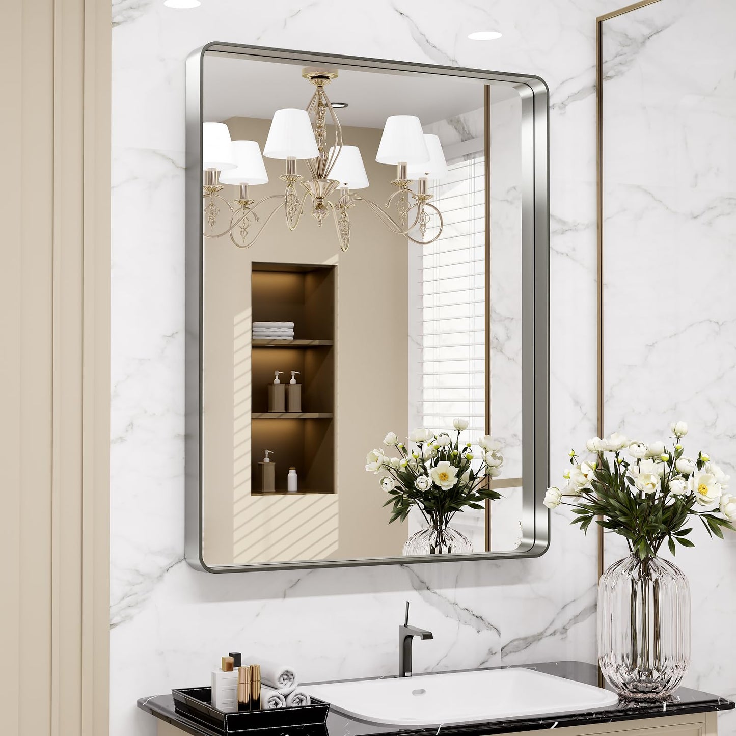 LOAAO 22X30 Inch Brushed Nickel Bathroom Mirror, Rounded Rectangle Silver Metal Frame Mirror, Brushed Nickel, Anti-Rust, Hangs Horizontally or Vertically