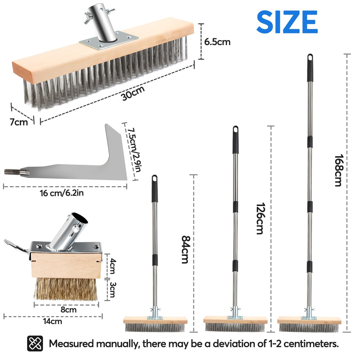 DTNESS 3-in-1 Crack Weeder Brush Tool Set, Stainless Steel Wire Broom w/ 2 Weed Remover Brush Heads+Scraper, 63" Heavy Duty Weeding Puller w/Adjustable Handle for Pavers, Deck, Concrete, Moss Removal