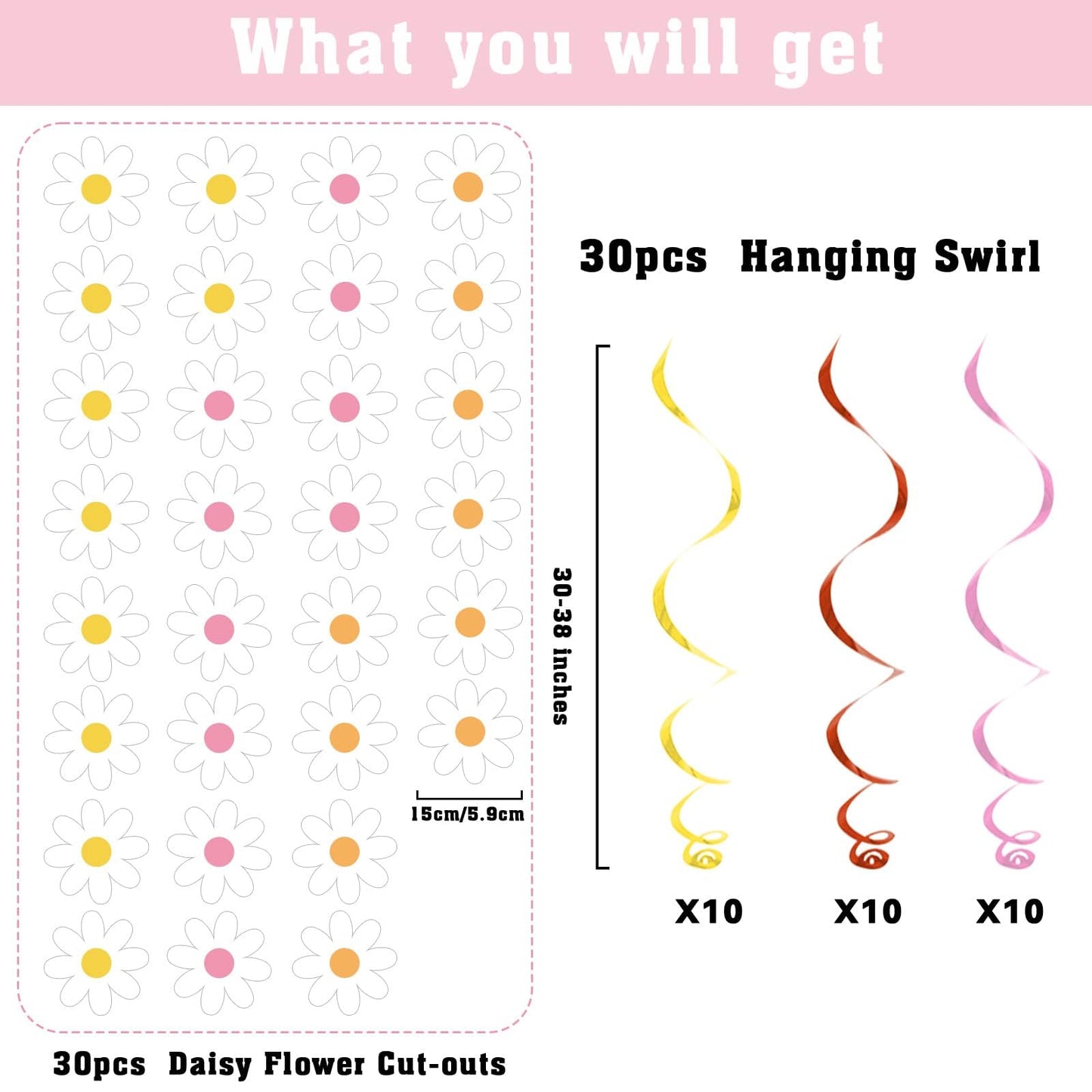 60pcs Daisy Flower Hanging Swirls White Daisy Garland Banners Foil Ceiling Hanging Decor Flower Cutouts Party Supplies for Boho Hippie Groovy Retro Birthday Baby Shower Spring Party Decorations Favor
