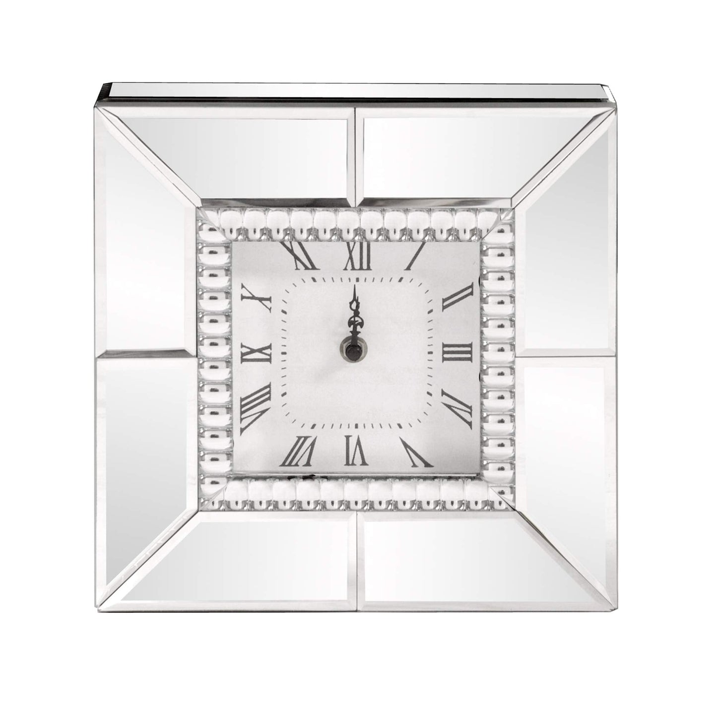 Howard Elliott Collection Mirrored Finish Table Clock with Beaded Glass Trim, Decorative Silver Mirror Clock for Office, Desk or Bedside Table, Gift for Wedding, Anniversary and Birthdays 10 x 10 Inch