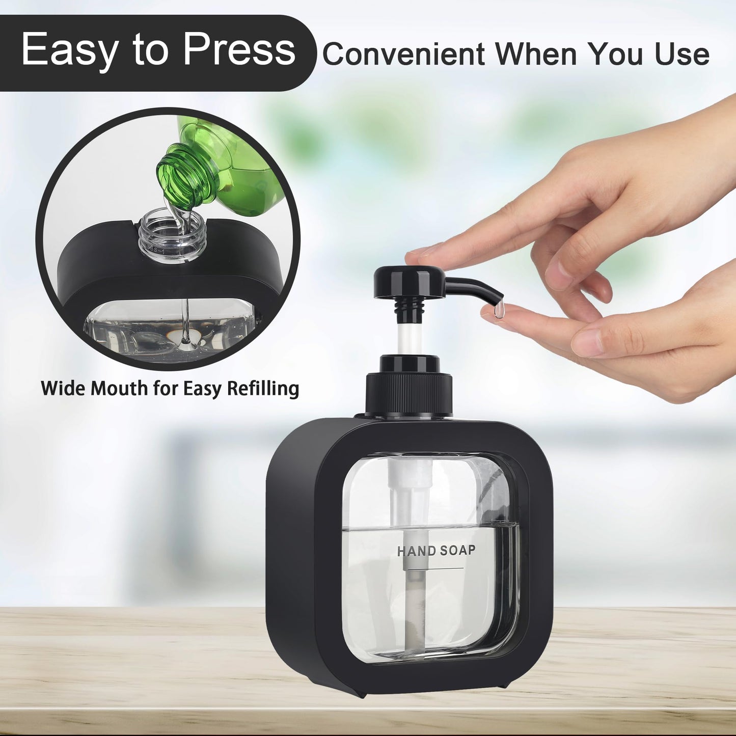 ONECOCOA Hand & Dish Soap Dispenser - Modern Plastic Pump with Labels - Black