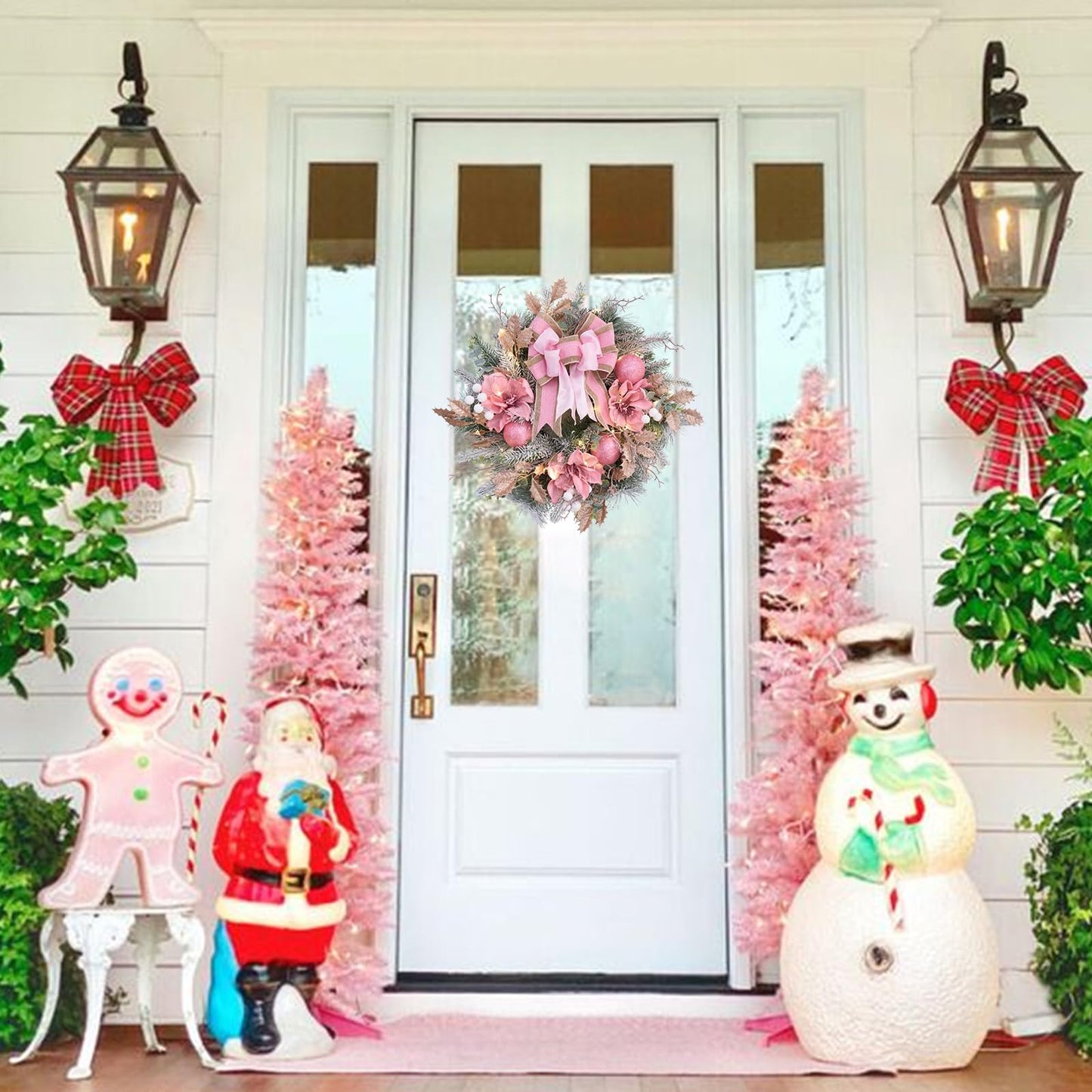 22inch Christmas Pink Wreath for Front Door with 30 LED Lights,Elegant Magnolia Christmas Door Wreath,Festive Holiday Decor, Frosted Winter Pink Decorations for Wedding