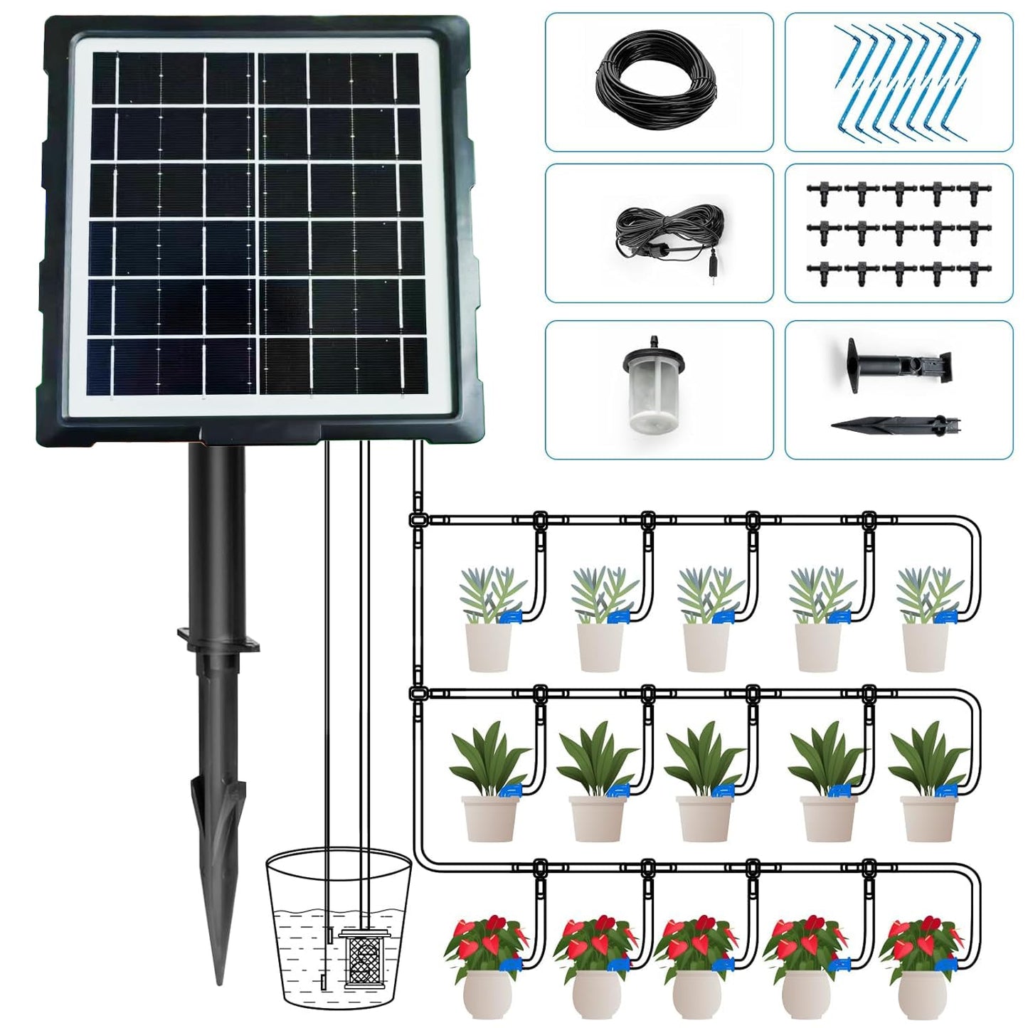 IPOW 50 Days Extra-Long Standby Time Supports 20~30 Pots 100% Anti-Siphoning Solar Irrigation System Automatic Watering System for Balcony, Indoor & Outdoor Plants, Garden, and Potted Plants