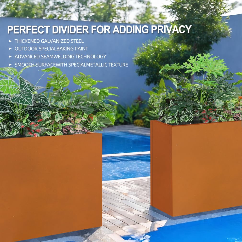 Megawodar Metal Tall Long Planter Box Large Rectangular Planter Flower Pot with Drainage Holes for Indoor Outdoor Deck Porch Garden Home Patio Front Door (Rusty Orange, 36" L x 10" W x 28" H)