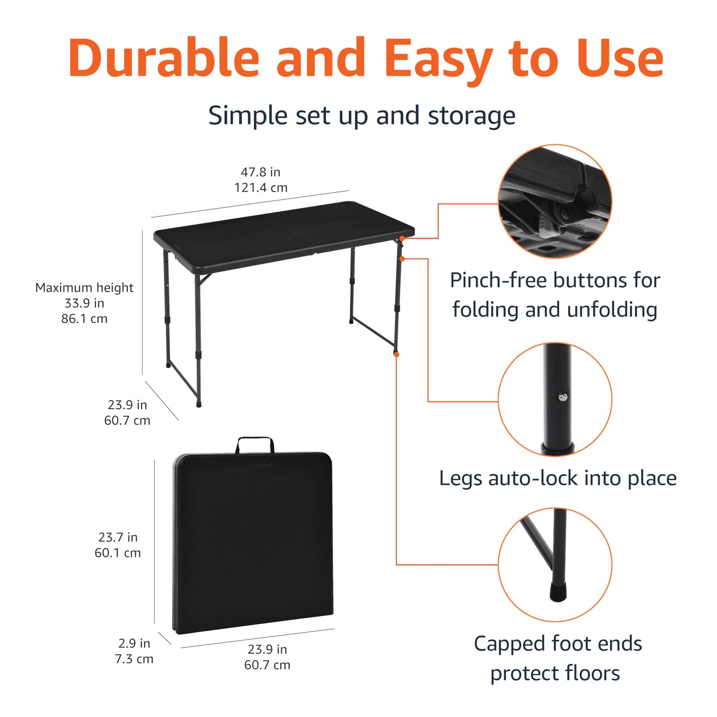 Amazon Basics Portable 4 Ft Rectangular Folding Dining Table, 4 Adjustable Height Settings, Space Saving Fold-in-Half Design and Carrying Handle, Indoor & Outdoor, Washed Black, 47.8 x 23.9 x 33.9 in