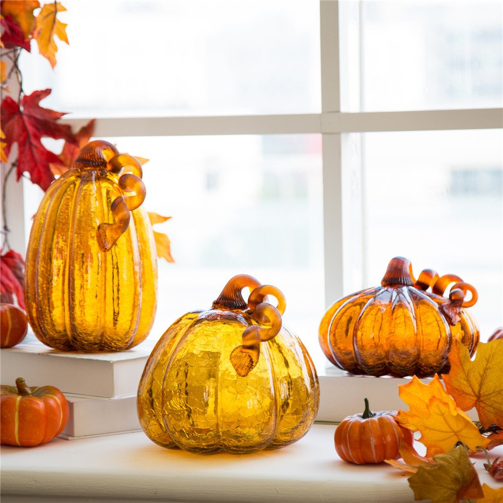 Glitzhome Hand Blown Glass Pumpkin Table Top Home Décor, 5.51", Amber