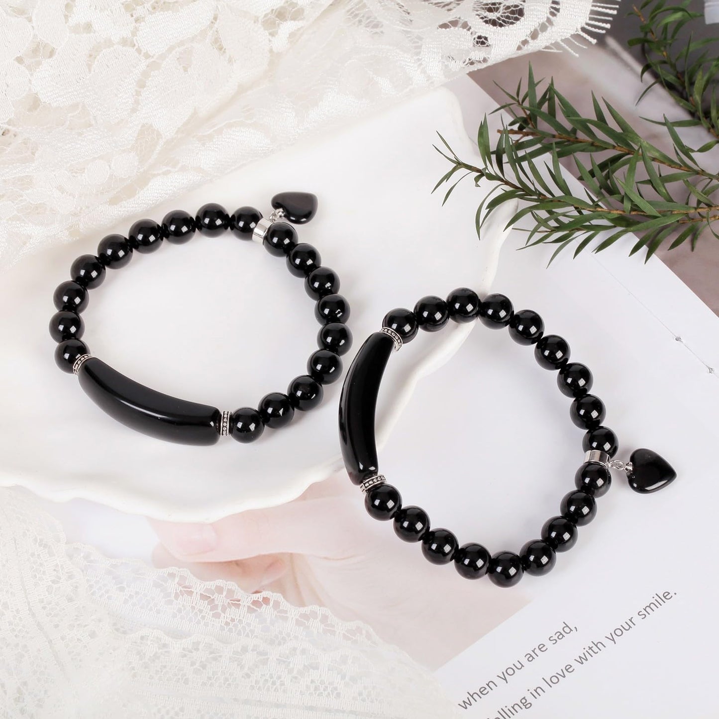 TUMBEELLUWA Healing Stone Bracelet 8mm Beads Chakra Crystal Energy Heart Charm Bracelet Handmade Jewelry for Women, Black Obsidian