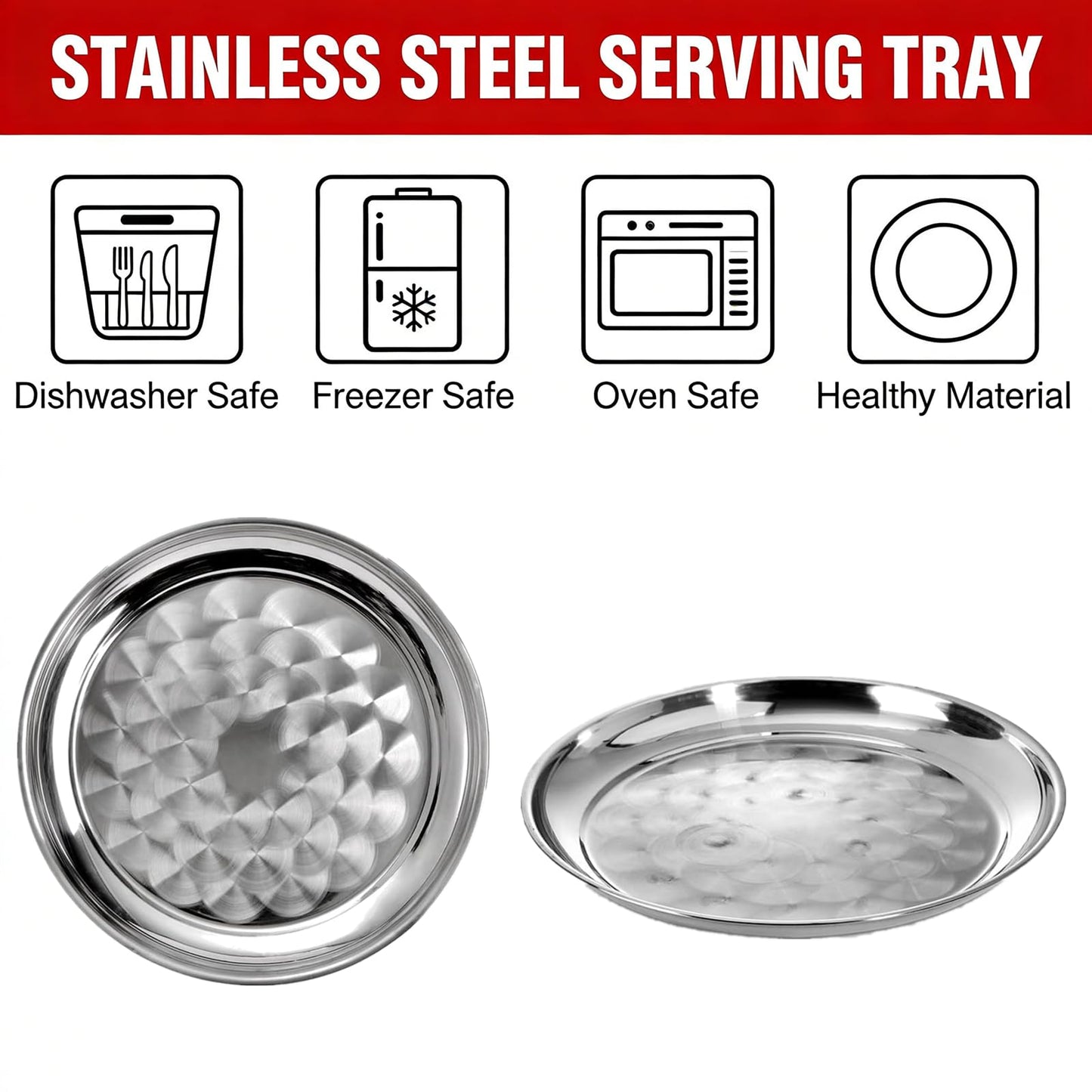 CEZOOWYEX 8 Pack Stainless Steel Round Serving Tray, 12 Inch Silver Oven Baking Tray, Dishwasher Safe Sturdy Metal Display Tray for Coffee Table, Bar, Party, Club, Home, Ottoman