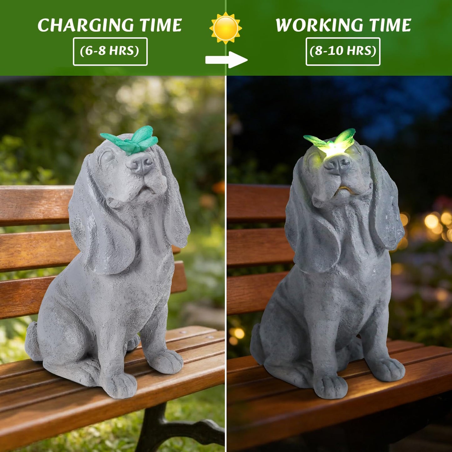 Ovewios Garden Statue Dog Figurines - Outdoor Dog Statue with Solar Butterfly Lights for Patio Yard Art Decor Balcony Lawn Ornament, Ideal Housewarming Gardening Gifts for Mom
