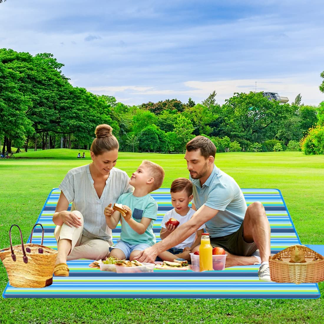 RUIBOLU Large Picnic Blanket, Beach Blankets(80X60) Inch Sandproof Beach Mat for 3-5 Adults Waterproof Quick Drying Outdoor Picnic Mat for Travel Camping Park Lawn (Blue Stripes)