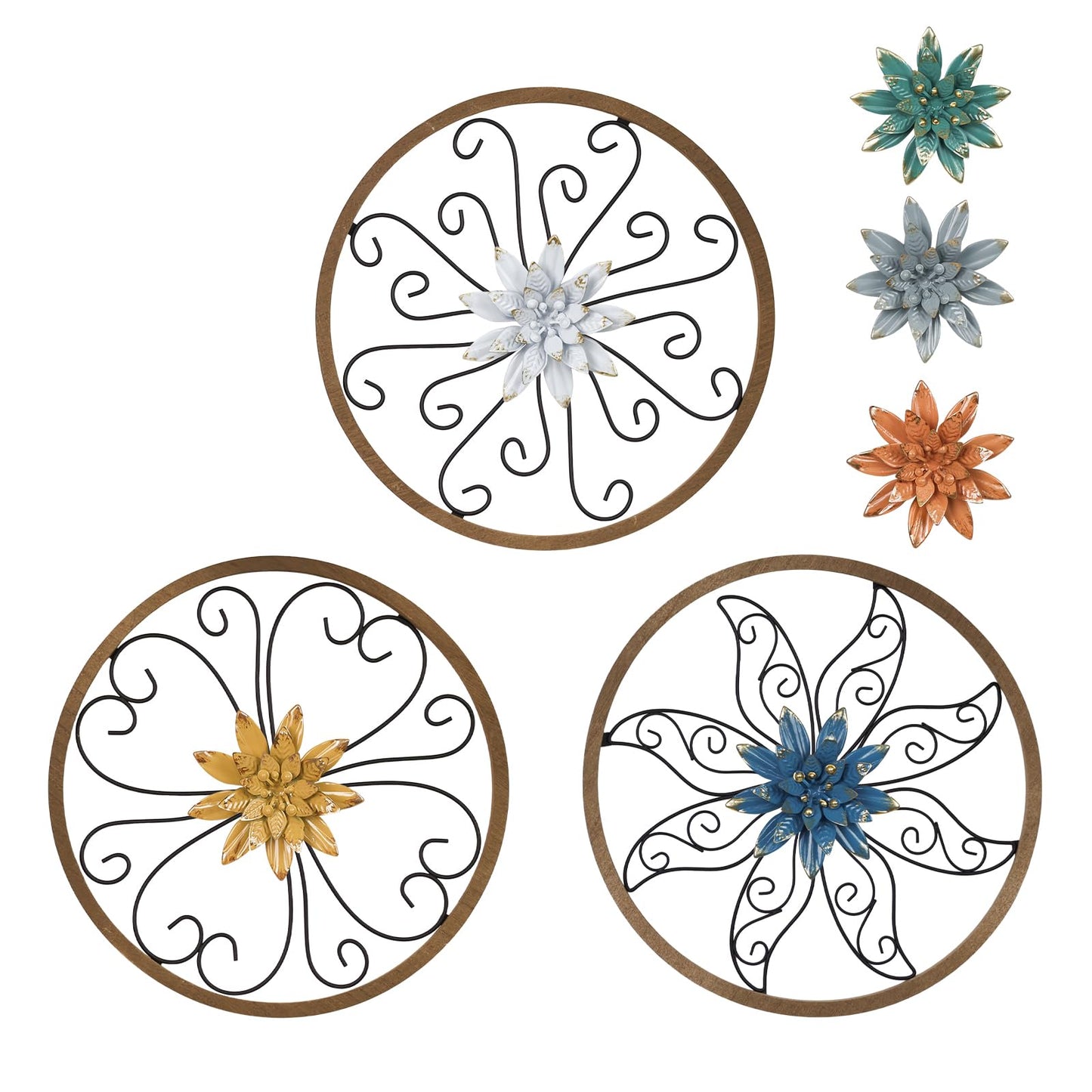 hogardeck Metal Flower Wall Decor - 3 pcs 11" Metal Wood Floral Wall Decoration with 6 Piece Interchangeable Flowers, Hanging Rustic Wall Art for Bedroom, Living Room, Bathroom, Kitchen