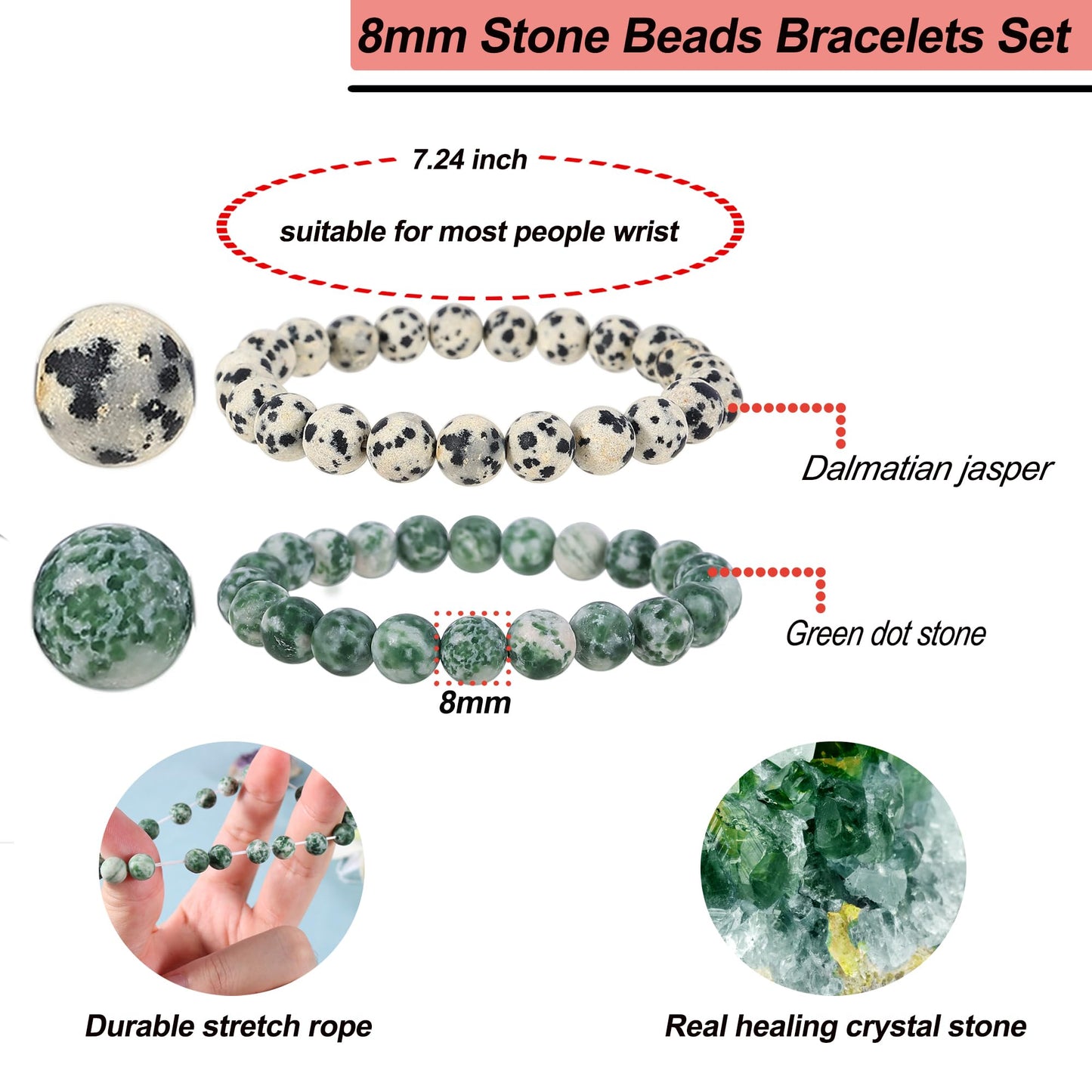 Bivei Natural Gemstone Semi Precious Crystals Handmade Stretchy Round Beads Bracelet, Enhance Positive Energy,Stocking Stuffers for Women(Dalmatian Jasper & Green Jasper (Inner Strength) Medium)