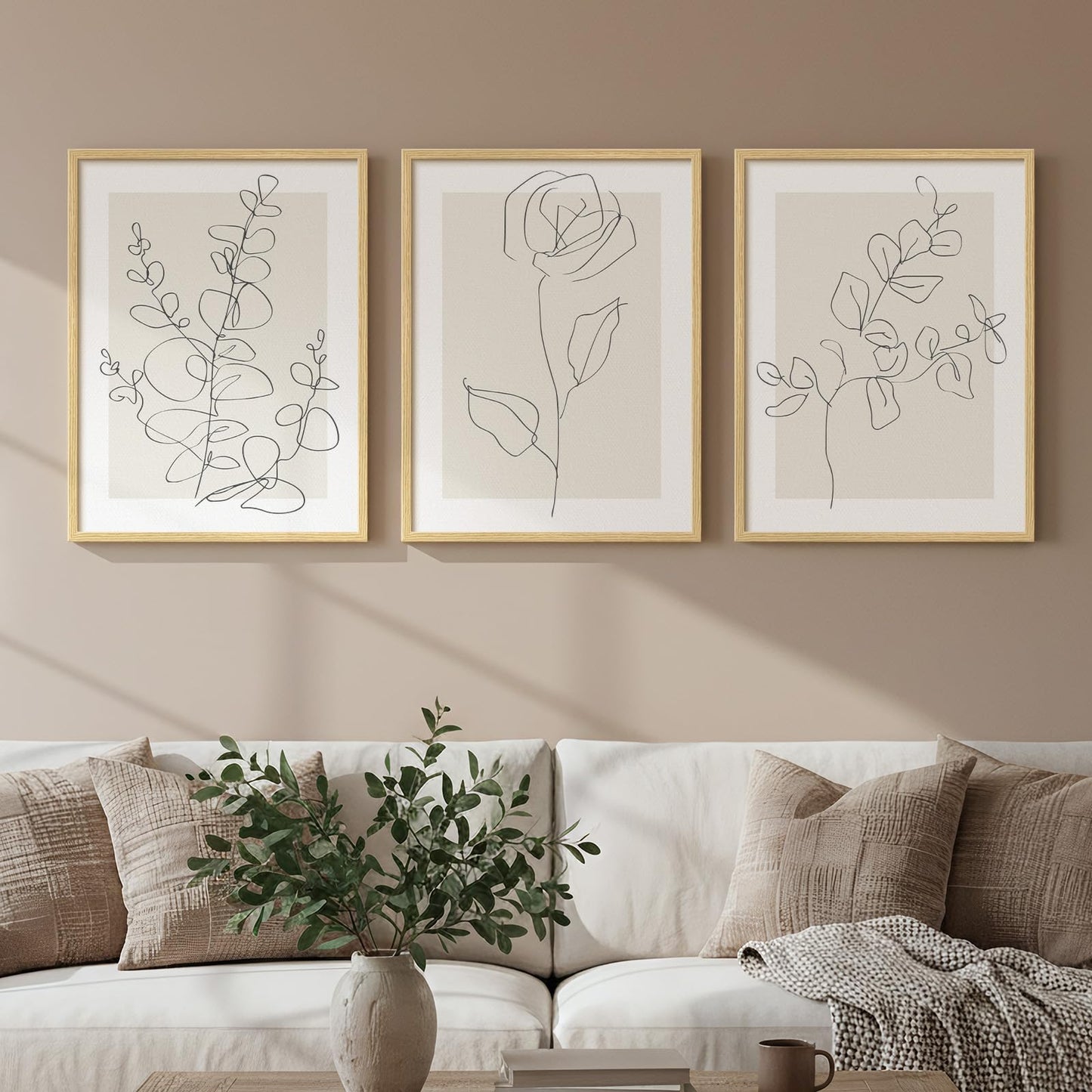 Framed Floral Art Bedroom Wall Art, 3 Piece Neutral Botanical Line Artwork for Walls, Minimalist Flower Leaf Picture Prints, Beige Botanical Painting for Living Room Kitchen Hallway Office, 12x16 Inch