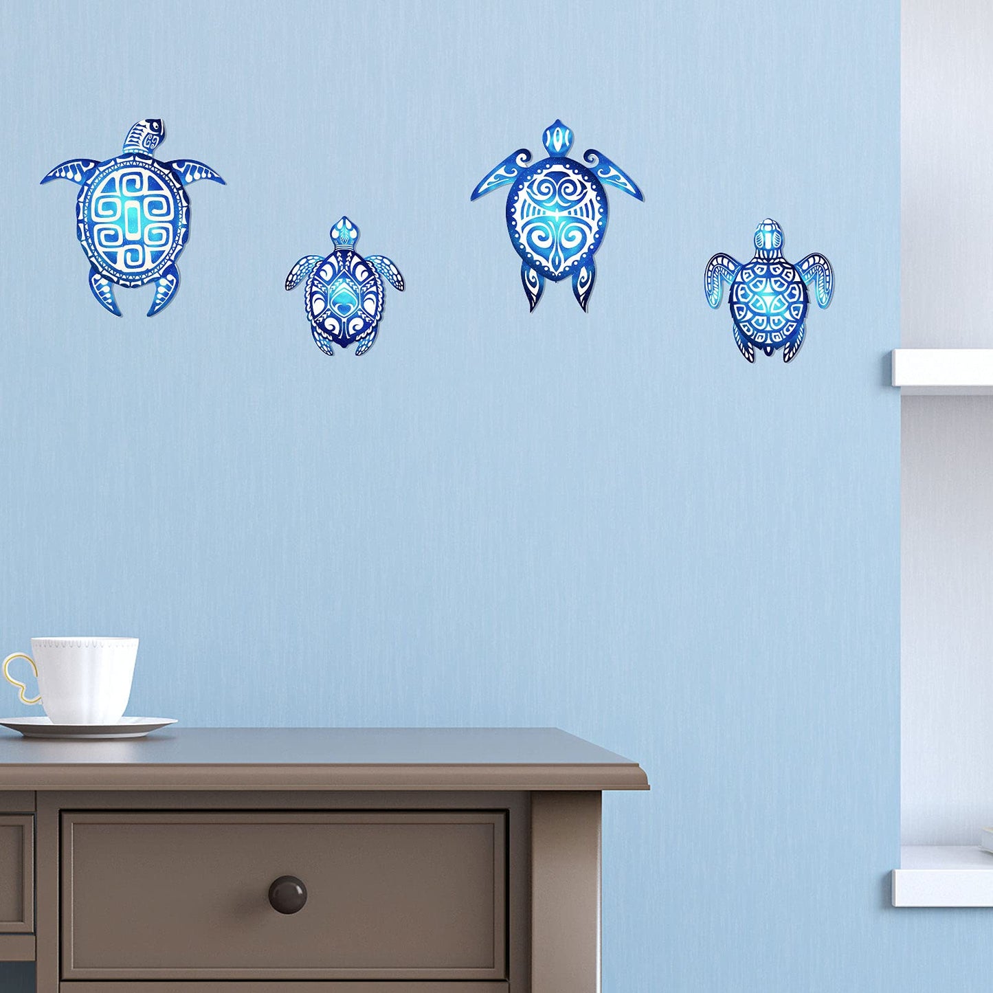 Yalikop 4 Pieces Sea Turtle Bathroom Wall Decorations Sea Turtle Ocean Voyage Sign Beach Theme Wooden Plaque Farmhouse Rustic Decorations for Home Wall Bathroom Decor Blue