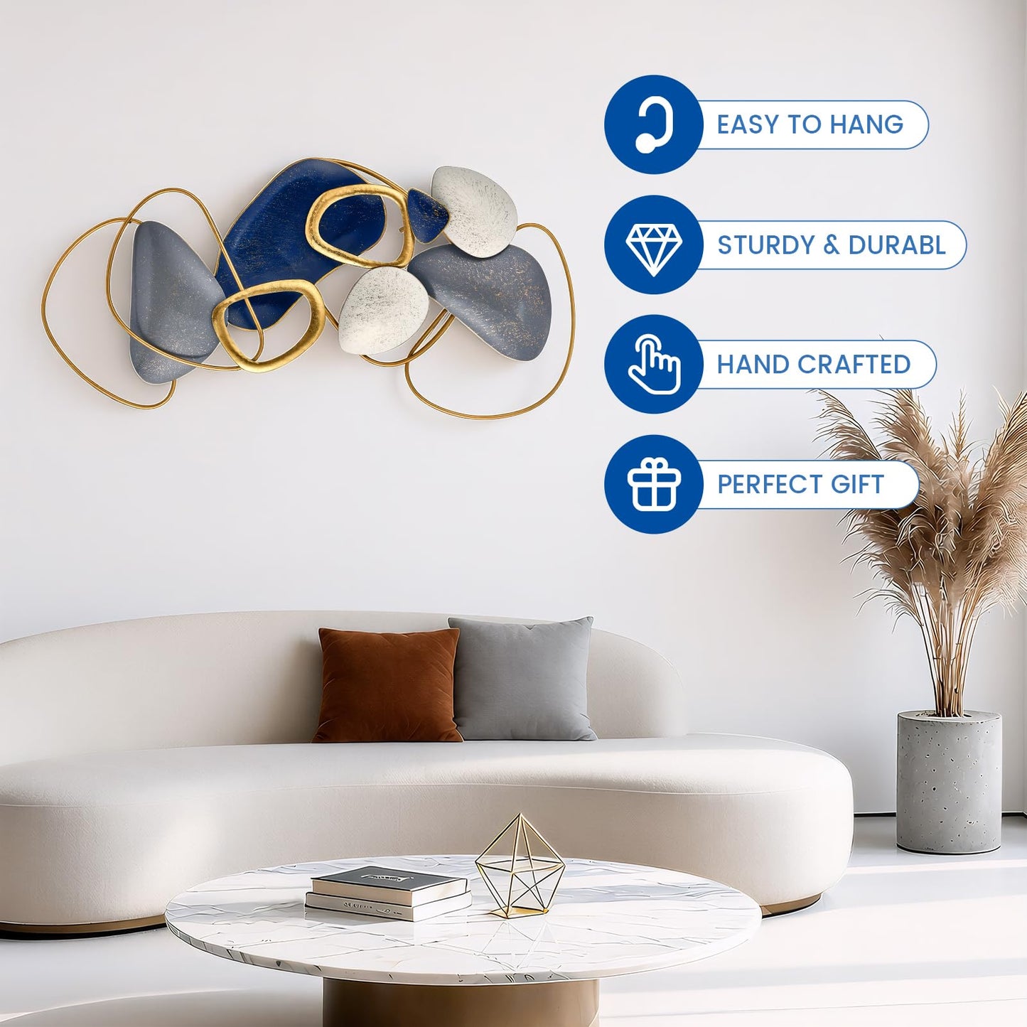 SHERBECK 3D Metal Wall Art Decor Blue Pebble Wall Sculptures Hanging Ornament Modern Abstract for Bedroom Living Room Sofa Background Home Office Kitchen Gold 41.3" L × 19.7" W