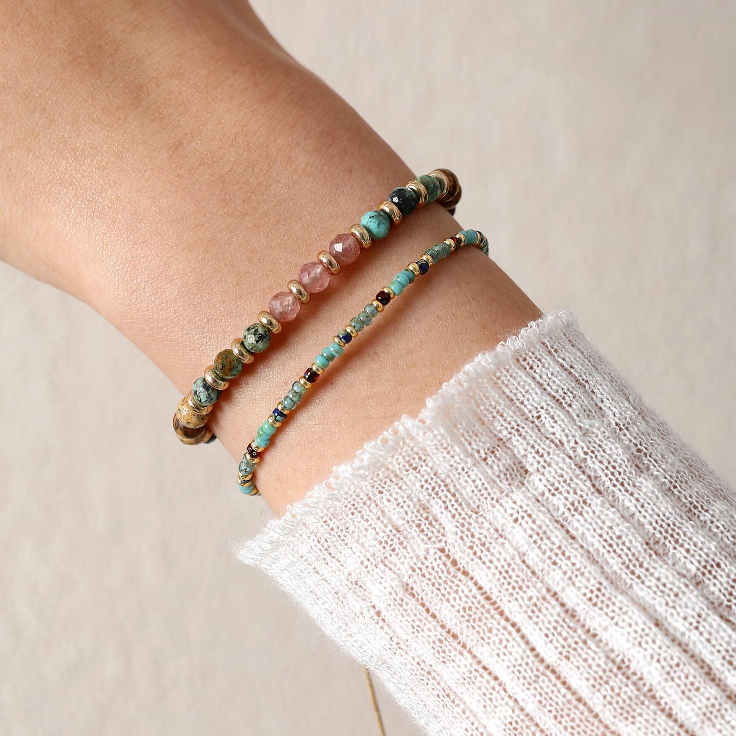 Togous 2 Pcs Beaded Bracelets for Women, Colorful Gemstone Natural Stone Boho Rainbow Bracelet - Adjustable Unique Energy Birthday Inspirational Jewelry Gifts Friends Mom Sisters Friendship