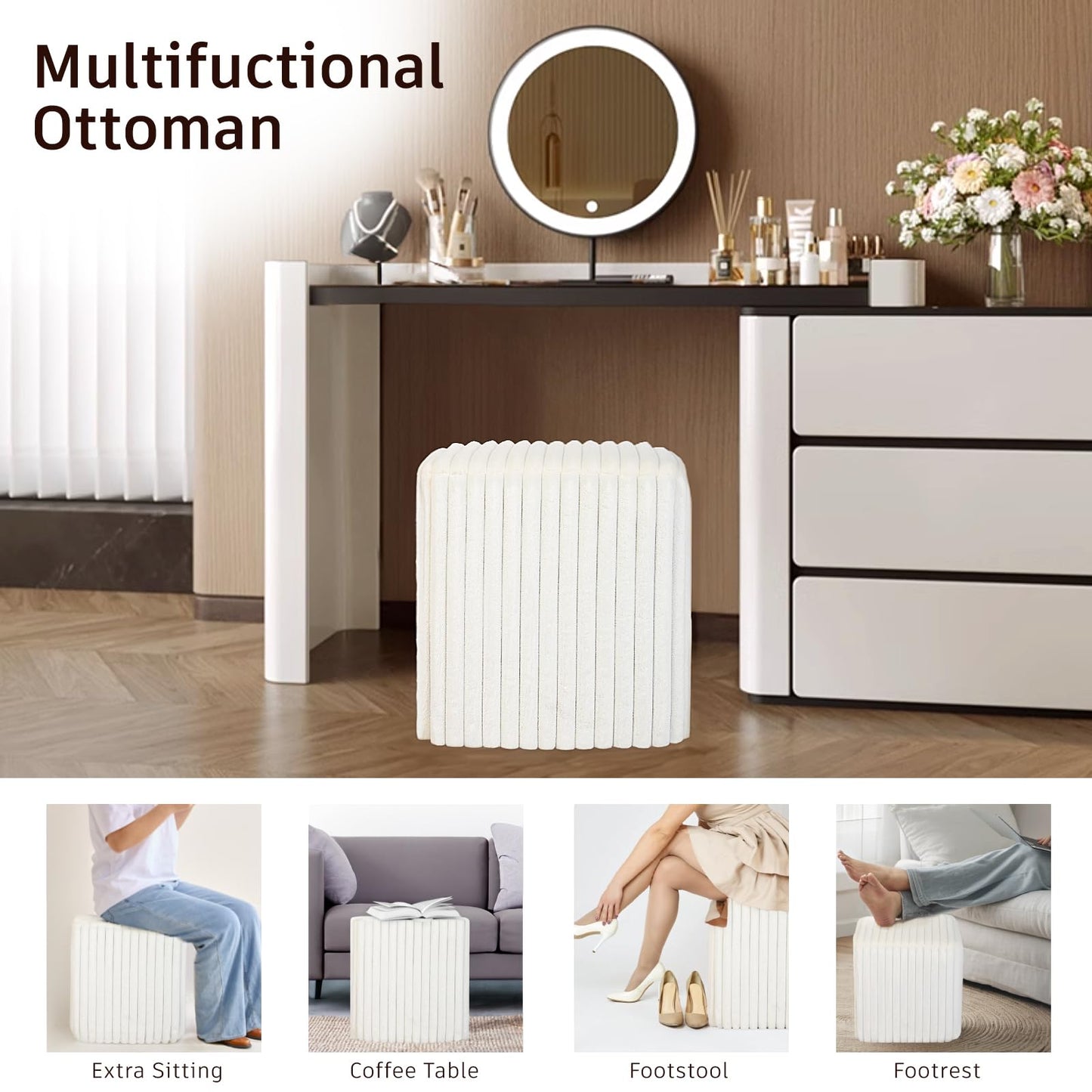 YDcosyfy Modern Square Ottoman, Vertical Channel Tufted Foot Stool Ottoman, Velvet Upholstered Vanity Stool for Makeup, Bedroom, Living Room, White