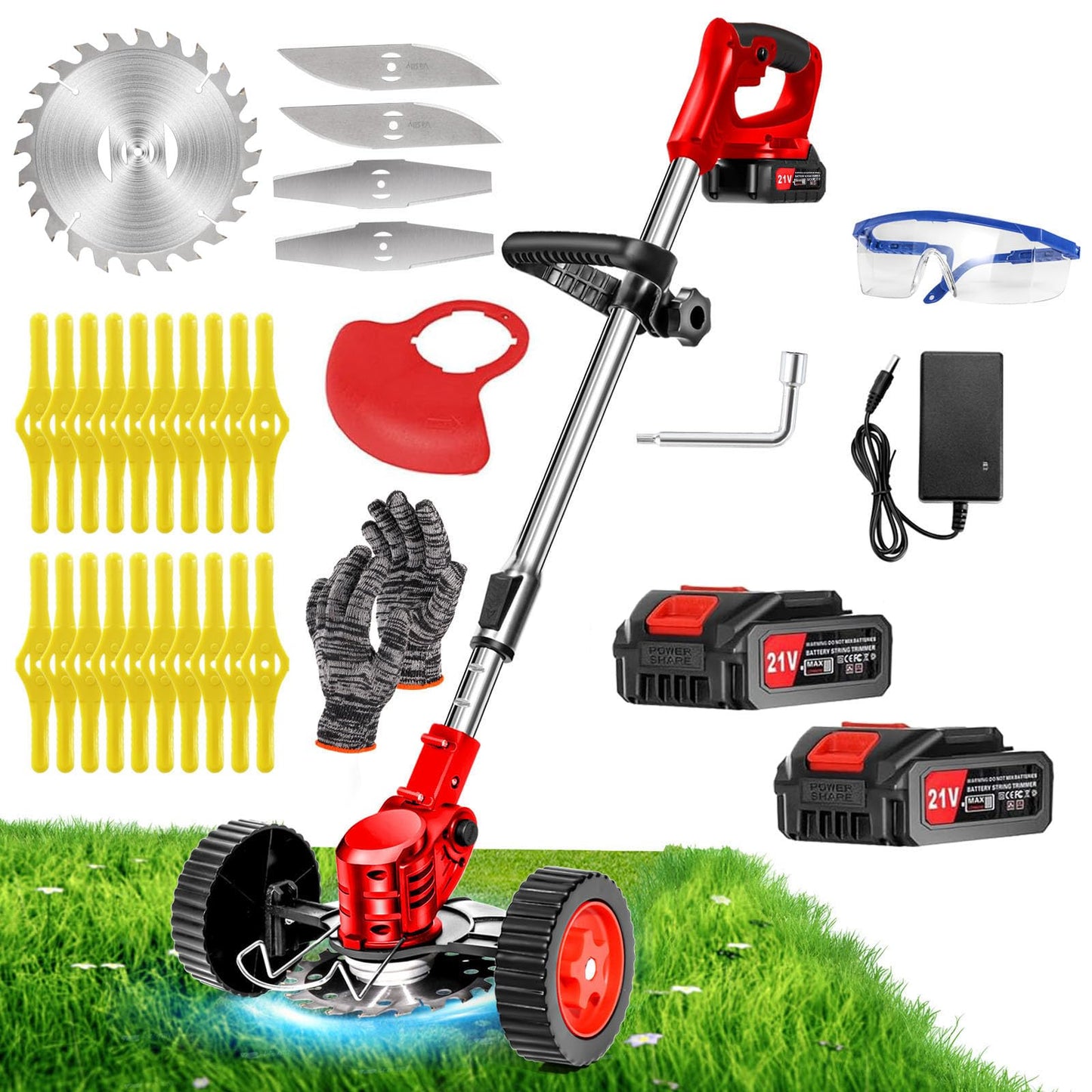 21V Cordless Weed Wacker with Wheels, 3-in-1 String Trimmer/Lawn Edger/Brush Cutter, 2x2.0Ah Battery & 3 Blades, Adjustable Height, Lightweight & Easy for Thick Weeds & Small Yards – Homeowner