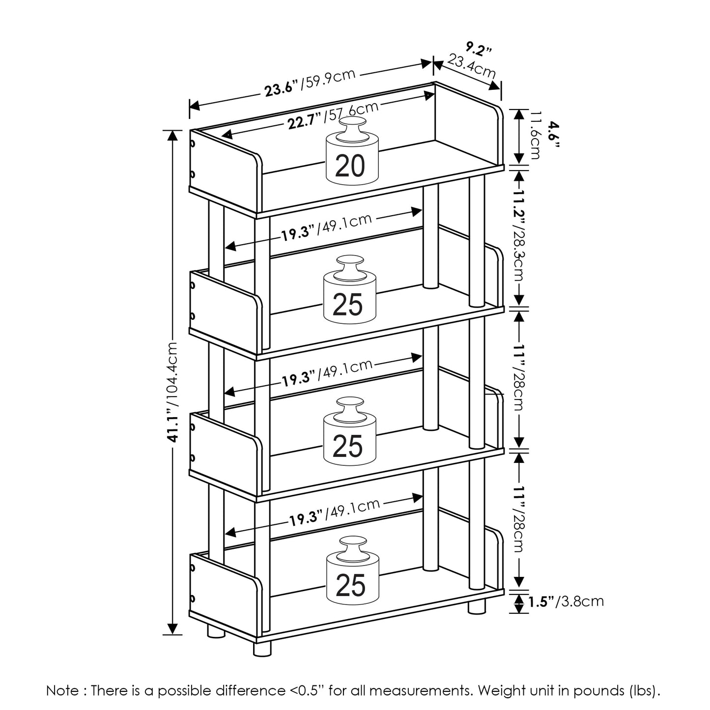 Furinno TURN-N-TUBE 4-Tier Display Shelf, Storage Shelves, Book Shelf, Open Shelves with Rounded Corner Top Edges, for Organization and Storage, Living Room, Home Office, Flagstaff Oak