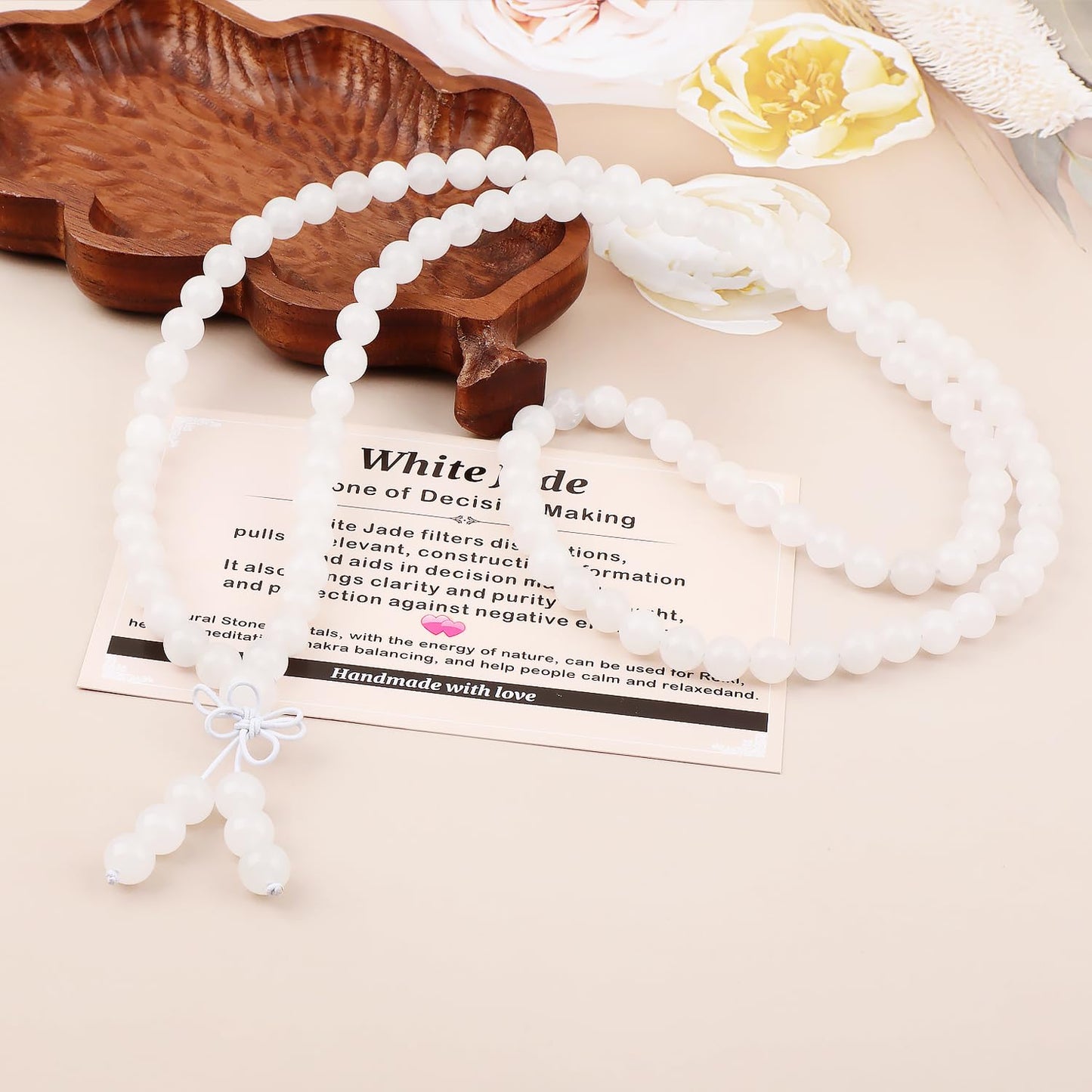 AD Beads 8mm 108 Prayer Mala White Jade Elastic Bracelet - Decision Making - Handmade Yoga Meditation Healing Power Energy Gifts for Unisex Adult.