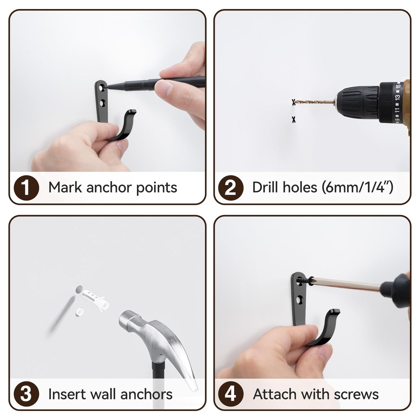 niffgaff 10Pcs Wall Hooks for Hanging Towel/Coat, Black