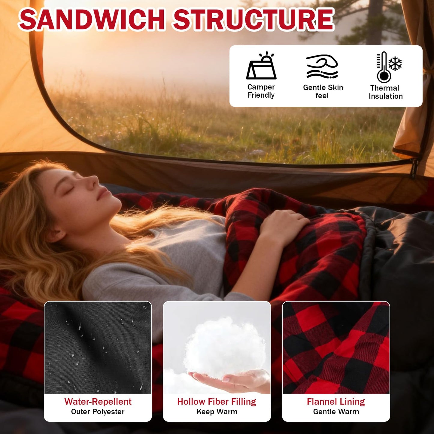 FJALLNOK Double Sleeping Bag Cotton Flannel for Camping, Backpacking Or Hiking. Waterproof,Queen Size Two Person Sleeping Bags for Adults Or Teens. Lightweight with Compression Sack (Black/Red)