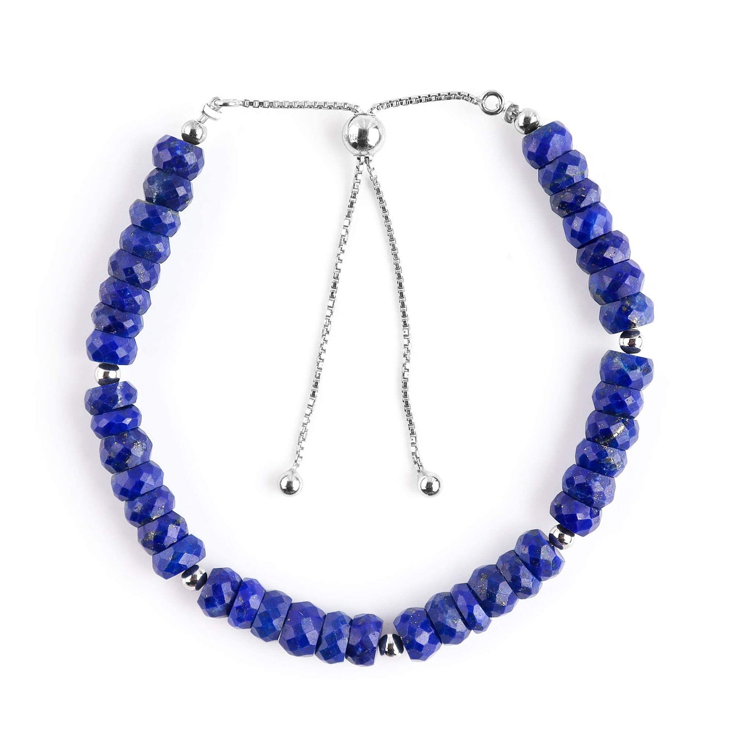 OdrillionGems Natural Lapis Lazuli Gemstones Bolo Bracelet, Faceted Beads, 925 Sterling Silver, Healing Crystals, Handmade, Adjustable Chain, Wedding, Women Jewelry, Chritmas Gifts, Size 10"