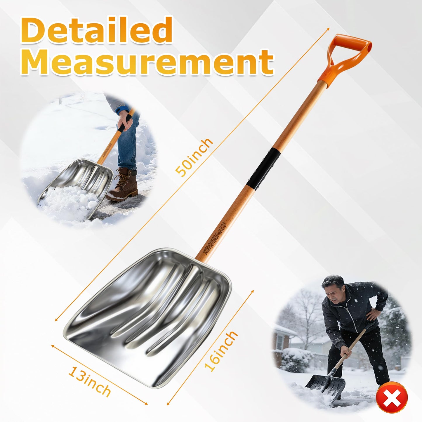 ATFVERDEX Scoop Shovel,Snow Shovel for Driveway with Non-Slip Wooden Handle and D-Shaped Grip,Quickly Clear the Snow from the Driveway and Yard