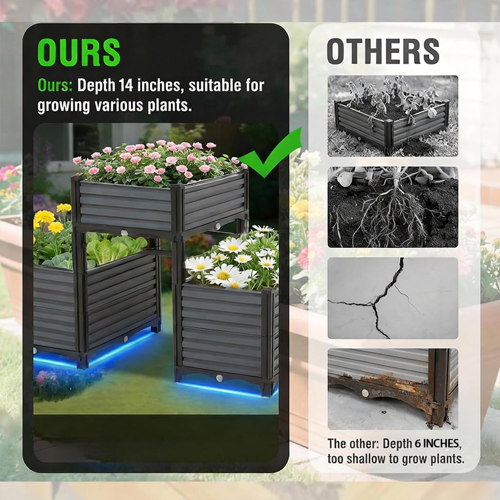 3PCS Raised Garden Beds Outdoor with Legs Planter Box, 47x16x21in Reinforced Support Rods, Drainage Grid, Multi-Combination Options for Vegetables, Flowers, Herbs, Ideal for Balcony, Patio Gardening