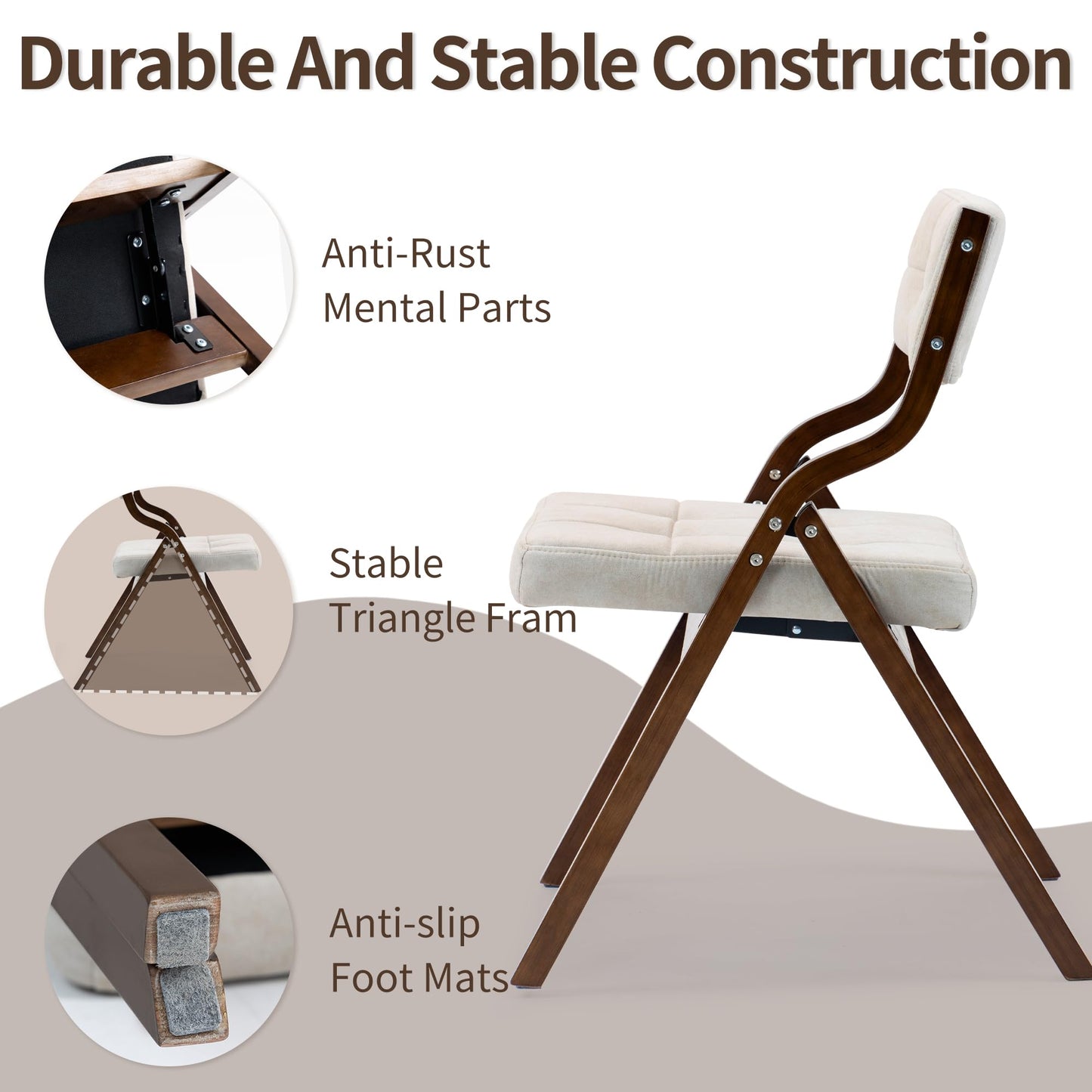 HOMEFUN Folding Chairs with Cushion, Wooden Padded Foldable Chair 2 Pack, Portable and Assembled Seat for Guests Kitchen Office Wedding and Party, Camel