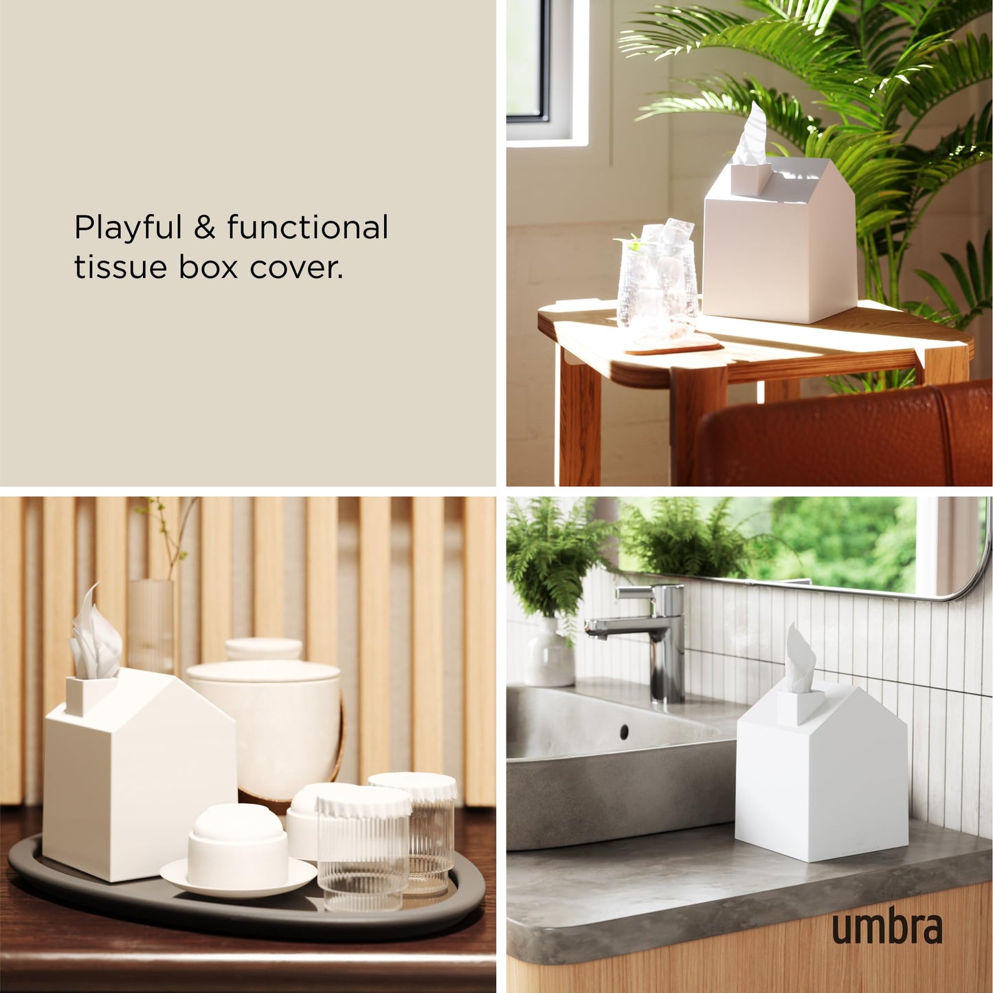 Umbra Casa Tissue Box Cover, Adorable House Shaped Square Kleenex Box Holder for Bathroom, Bedroom or Office, White