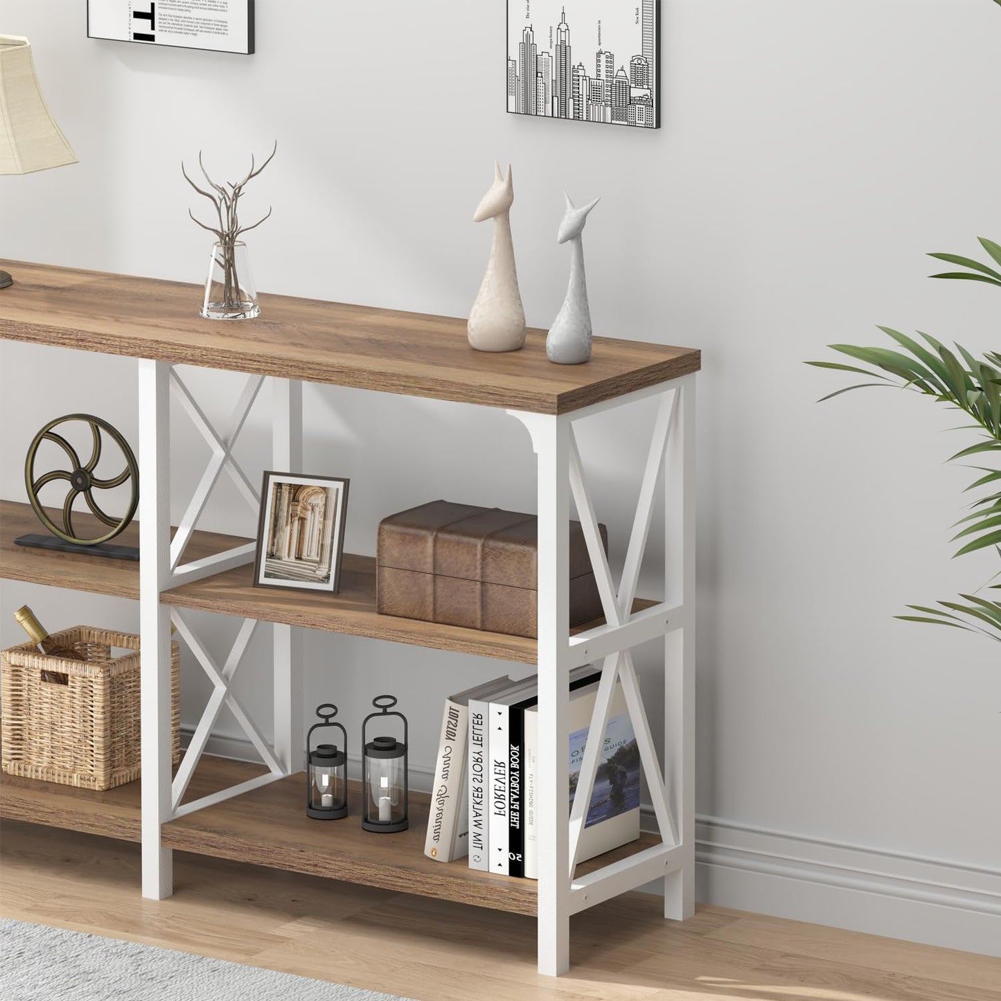 IBF Farmhouse Entryway Table, Wood TV Console Table, Rustic Metal Sofa Table, Industrial Hallway Tables with Storage Shelves, Modern Foyer Tables for Front Entry Way, White and Rustic Oak, 47 Inch