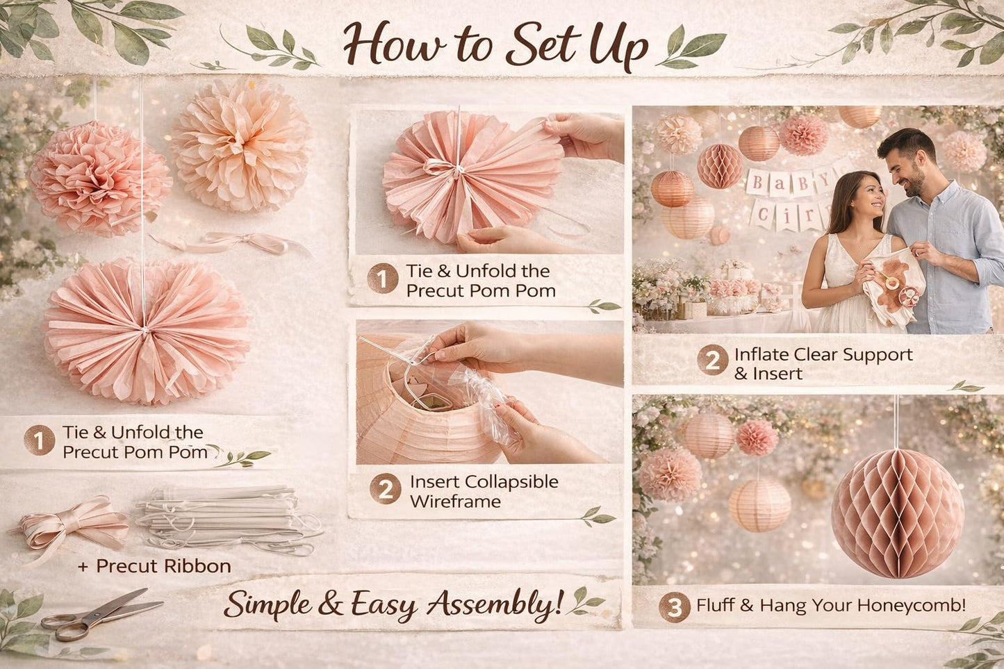 Decorative Paper Pom Poms and Lanterns Set, Rose Pink and White, Party Hanging Decor for Celebrations and Events