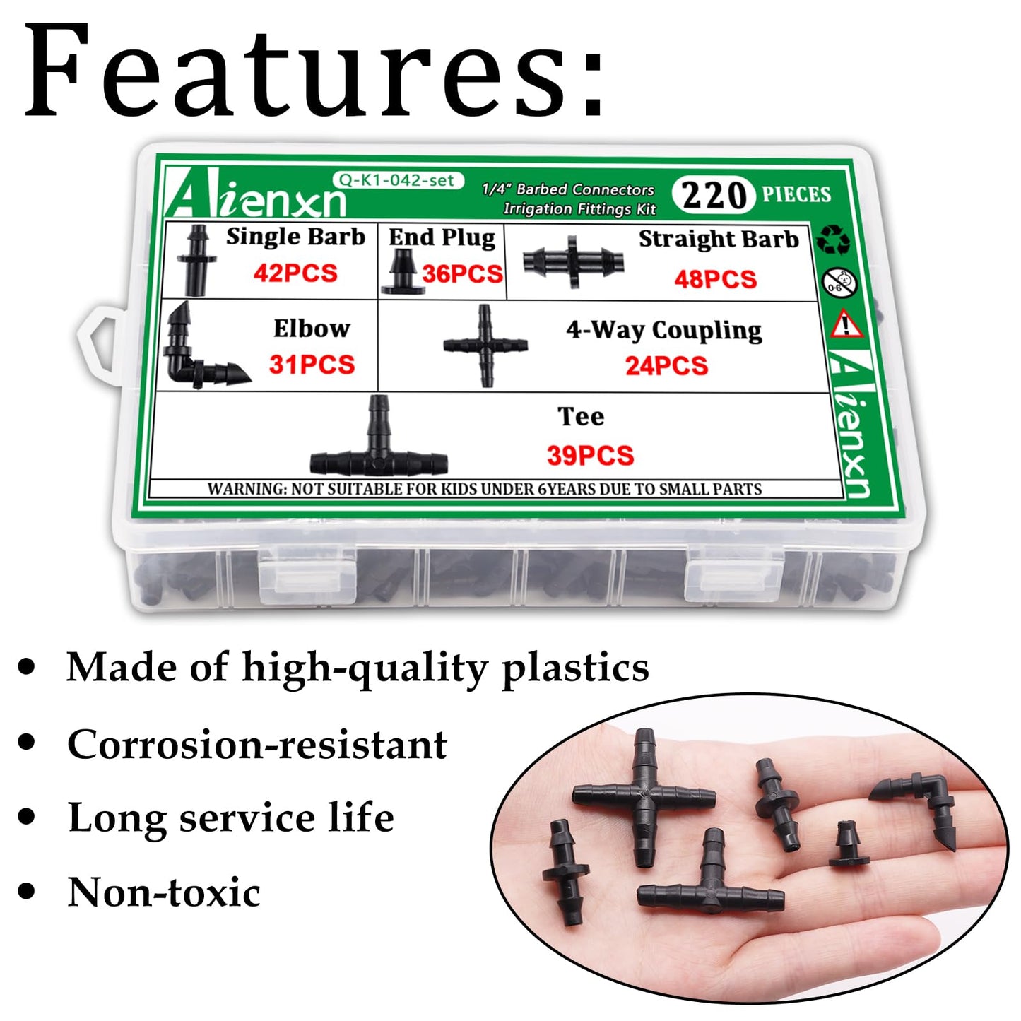 Aienxn 220PCS 1/4" Drip Irrigation Kit Barbed Connectors, Straight Barb, Tee, Single Barb, End Plug, Elbow, 4 Way Coupling Irrigation Fittings for Garden Lawn Flower Pot