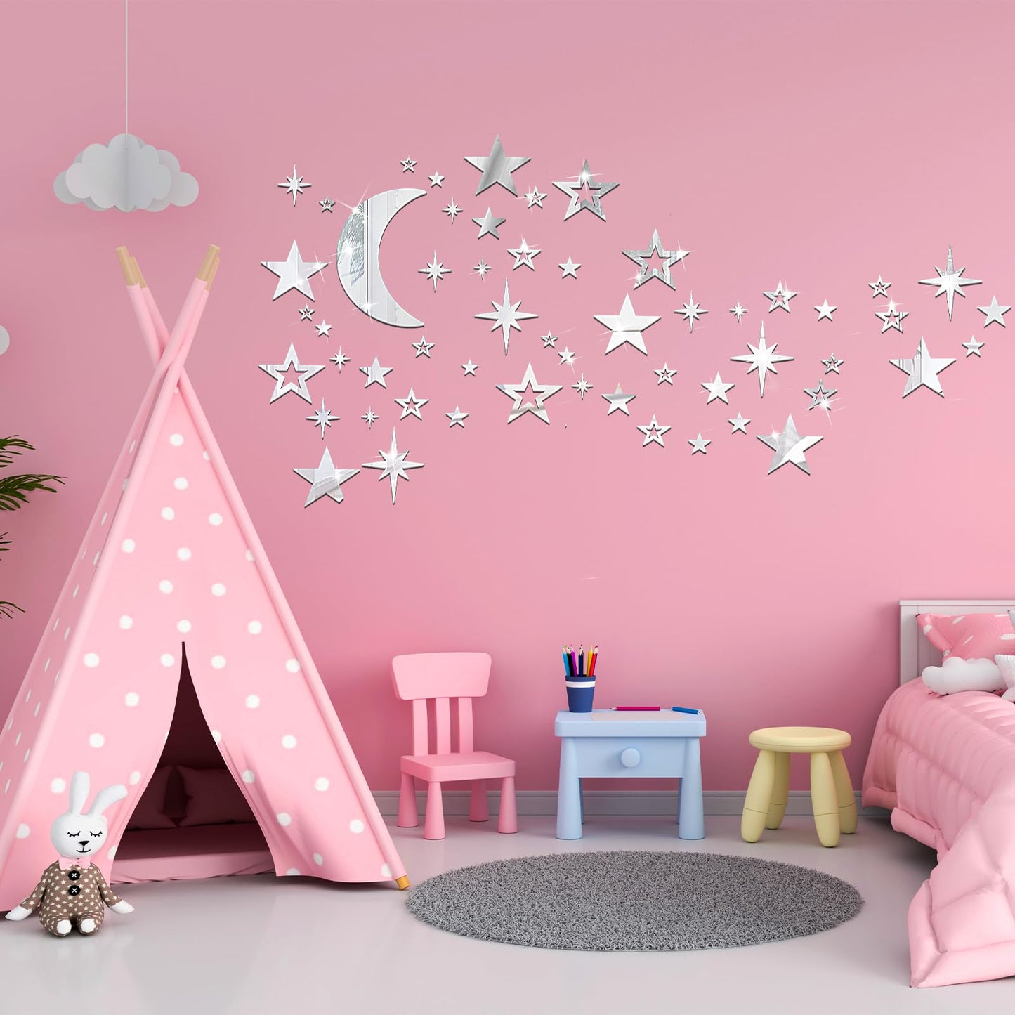 Shappy 100 Pcs Acrylic Moon Star Mirror Wall Stickers Decal 3D Acrylic Mirror Stickers Removable Decal for Room Good Night Nursery House Bedroom Wall Decor(Silver)