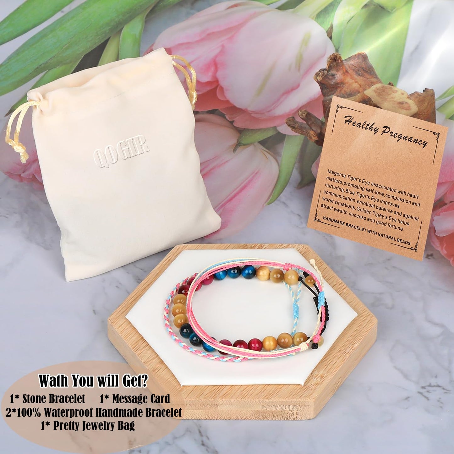 QOGIR Healthy Pregnancy Gift,8mm Natural Multi Color Tiger Eye Adjustable String Bracelet,Fertility Bracelets For Women First Time Mom