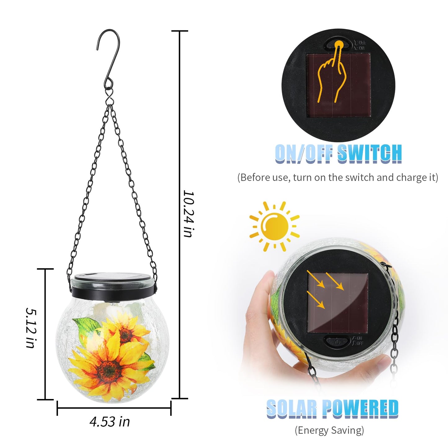 Solar Hanging Lanterns Outdoor Waterproof, 3 Pack Crackle Glass Globe Solar Lights Garden Decor Light for Patio Backyard Pathway Porch Gifts for Women Mom Grandma