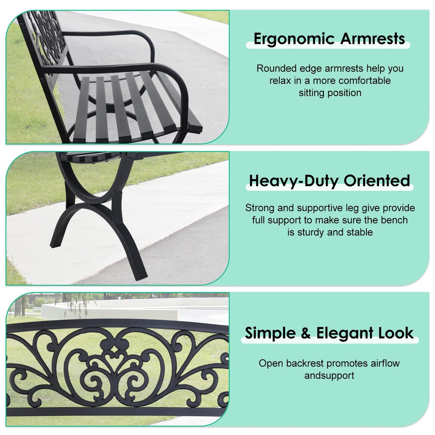 FDW Outdoor 50 Inches Garden Bench, Slatted Seat Armrests Floral Design Backres and Arch Legs, Perfect for Park, Yard, Porch, Lawn, Balcony, Backyard, Black