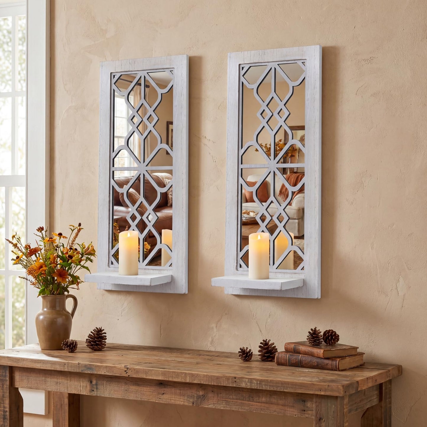 Wood Wall Sconce Candle Holder Set 2, Rustic Wall-Mount Candle Holders, Farmhouse Hanging Wall Décor, Carved Wood Frame, Mirrored Candle Holder (Distressed White)