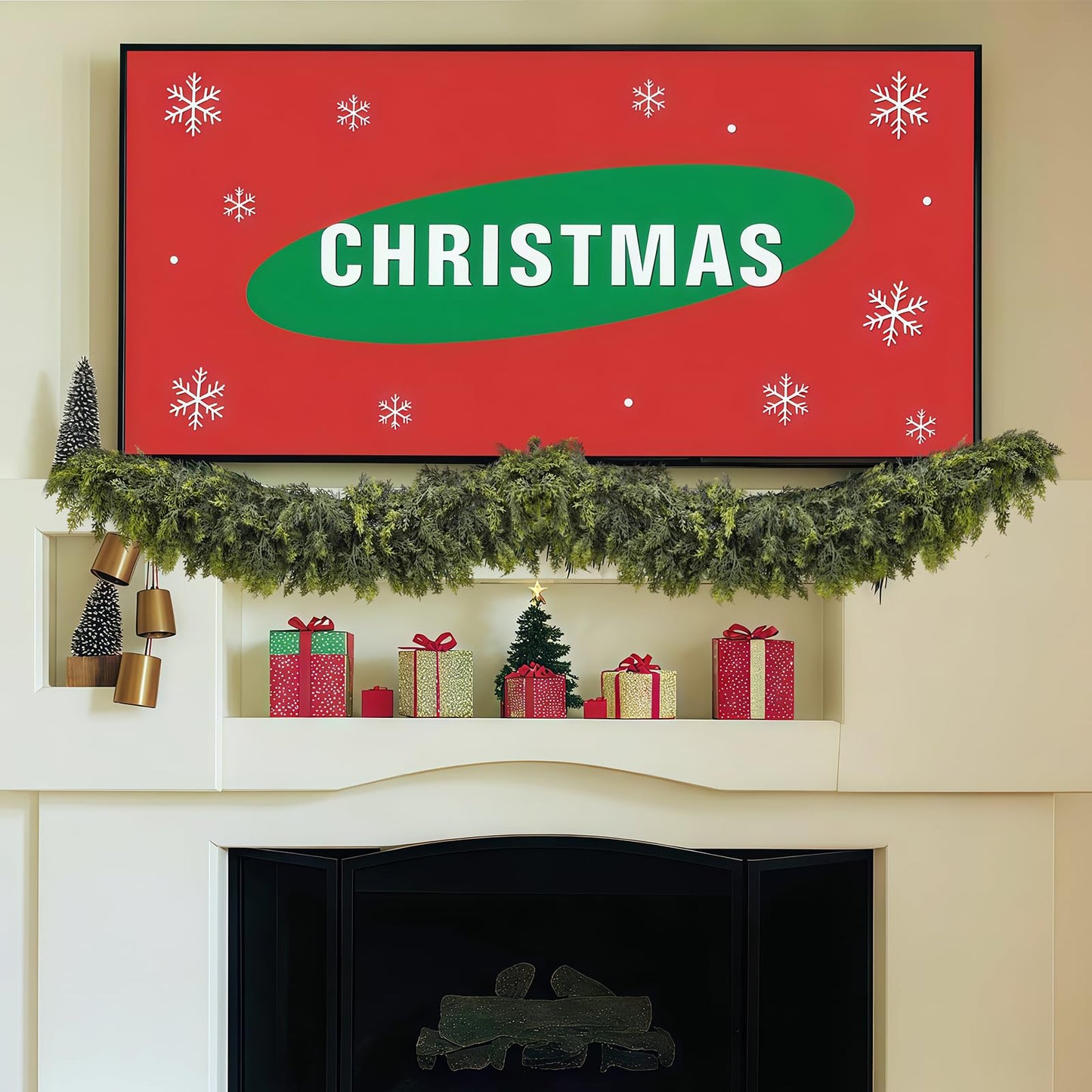 2 Pcs Christmas Garland, Christmas Decorations, 6FT Real Touch Cedar Garland, Artificial Cypress Garlands for Mantle Fireplace Door Table Wall Upstairs Indoor Outdoor Holiday Xmas Decor