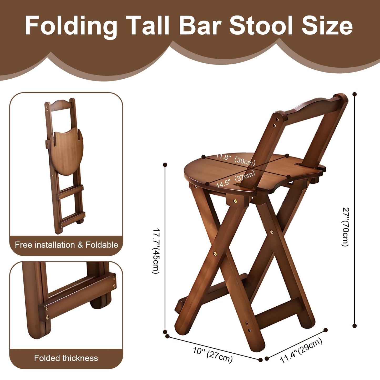 GENDLTHIJ Folding Bar Stool for Kitchen, Portable Wooden bar Stool, Foldable Bamboo Bar Stools Set of 1 for Home Kitchen Breakfast Counter (Brown) (Walnut Small)