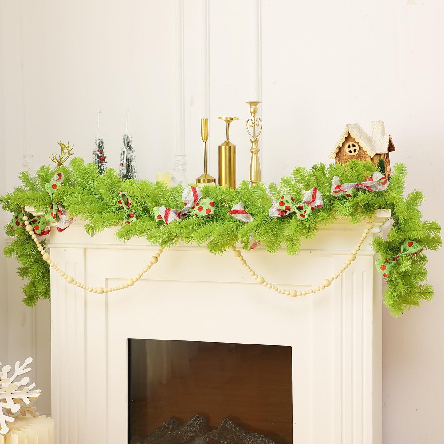 Solsew 12 ft Bright Green Whimsical Christmas Garland Holiday Garlands Indoor Outdoor Christmas Greenery Garland Decoration for Stairs Fireplace Railing Mantel Front Door Porch(Not Include Ball, Bow)