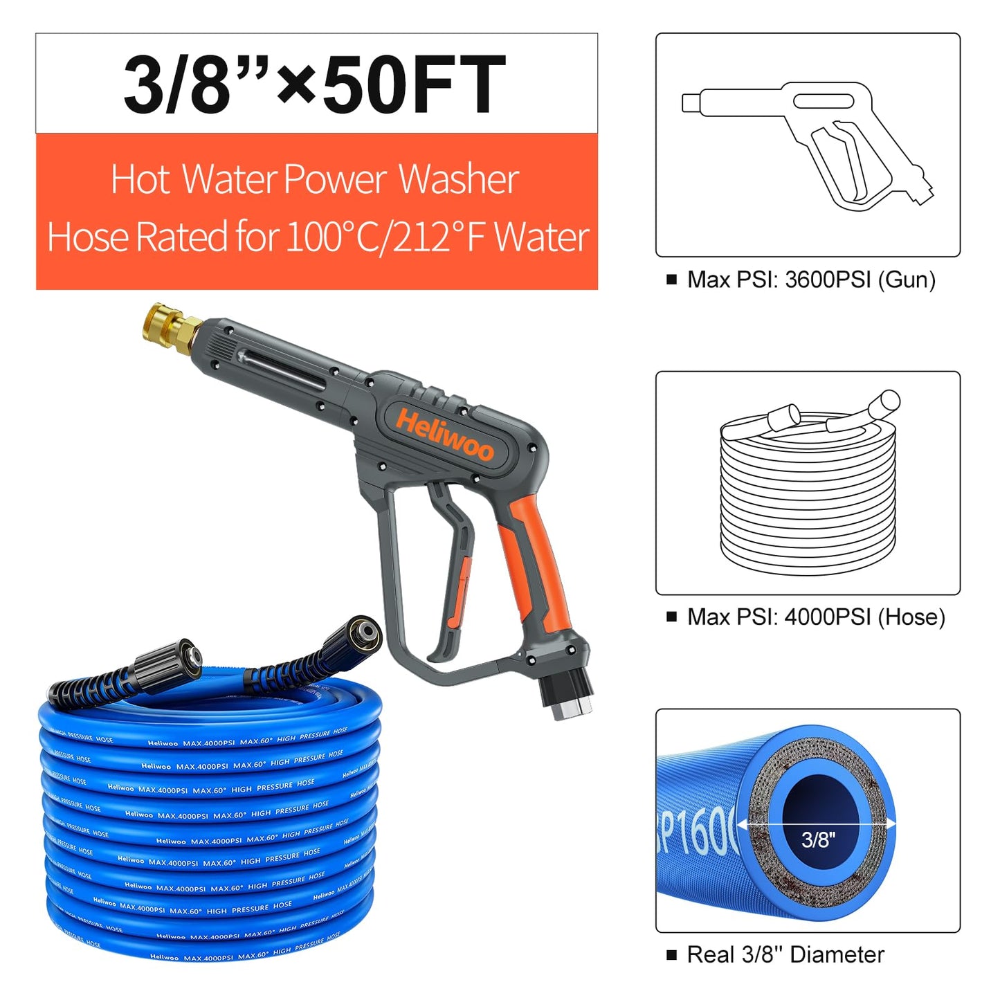 Heliwoo Pressure Washer Gun and Hose 3600 PSI, 50 FT Power Washer Hose, Extension Wand, 3/8" Swivel Quick Connector & M22-14mm Fitting, 30" Extension Wand & 7 Nozzle Tips