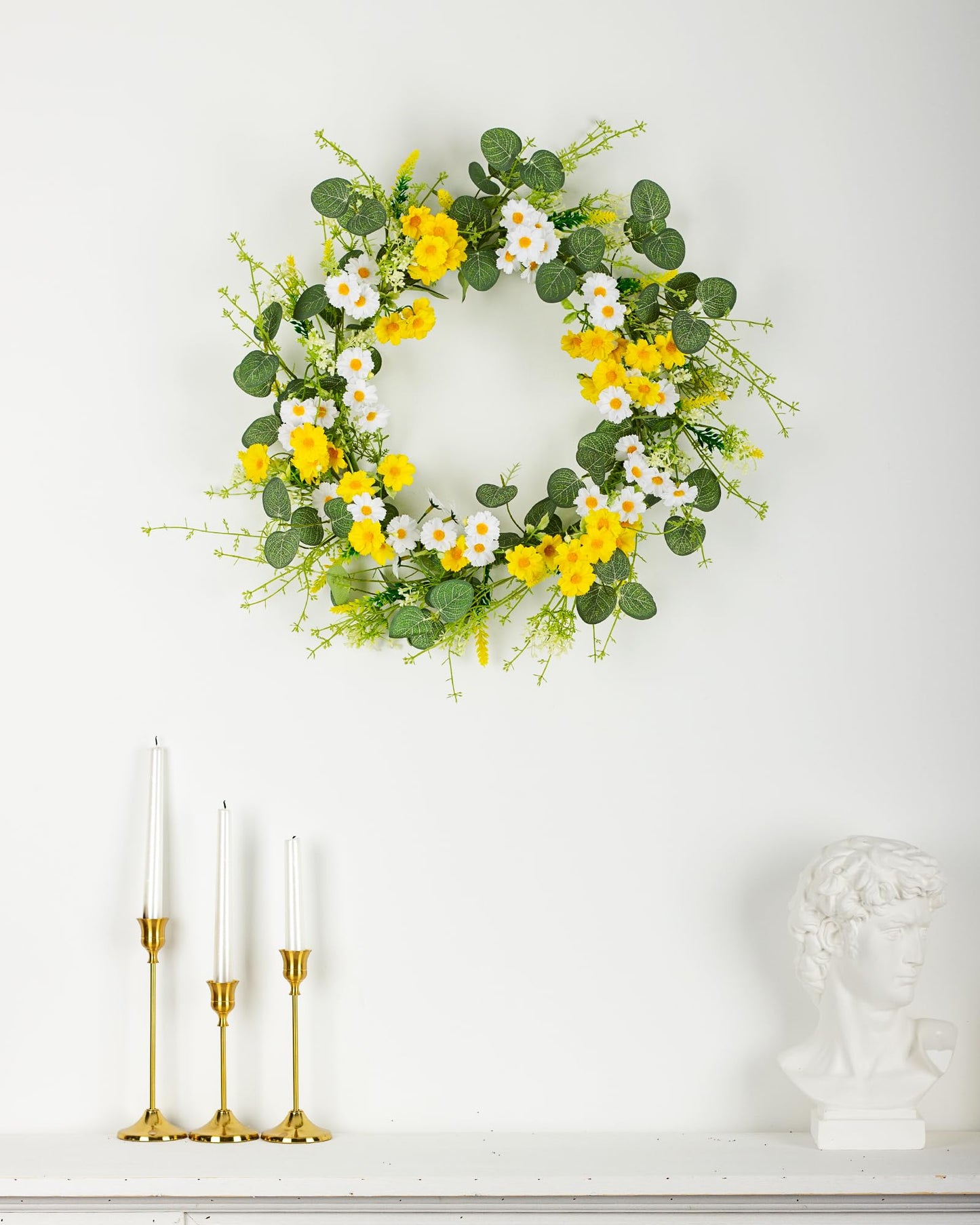 YUGALI 22" Spring Summer Wreath for Front Door Artificial Green Eucalyptus Yellow White Daisy Flower Lavender Sage Handmade Farmhouse Outdoor Indoor Wedding Home Decor